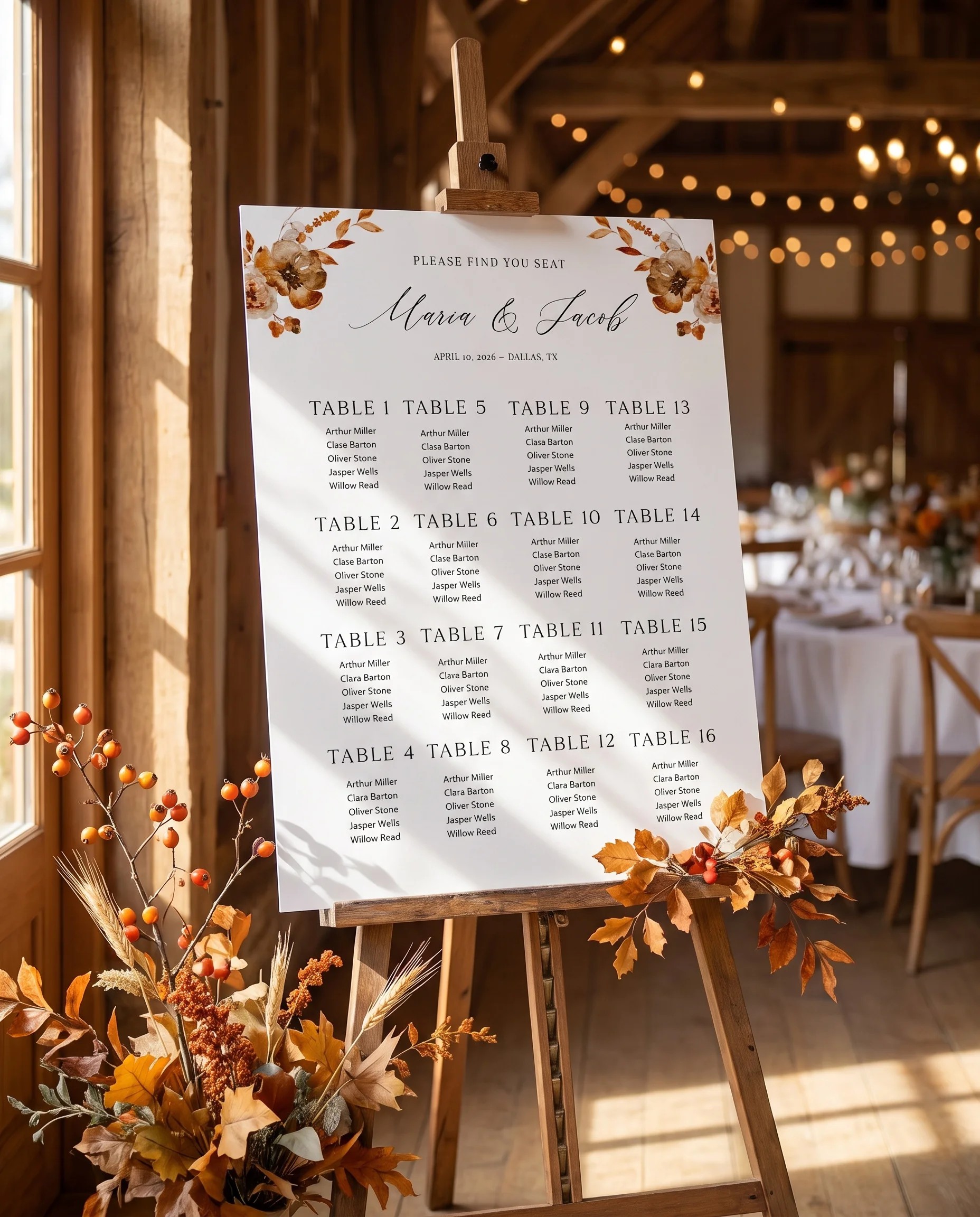 Autumn Bramble wedding seating chart — single page displayed at a reception entrance under soft natural light, seating chart template