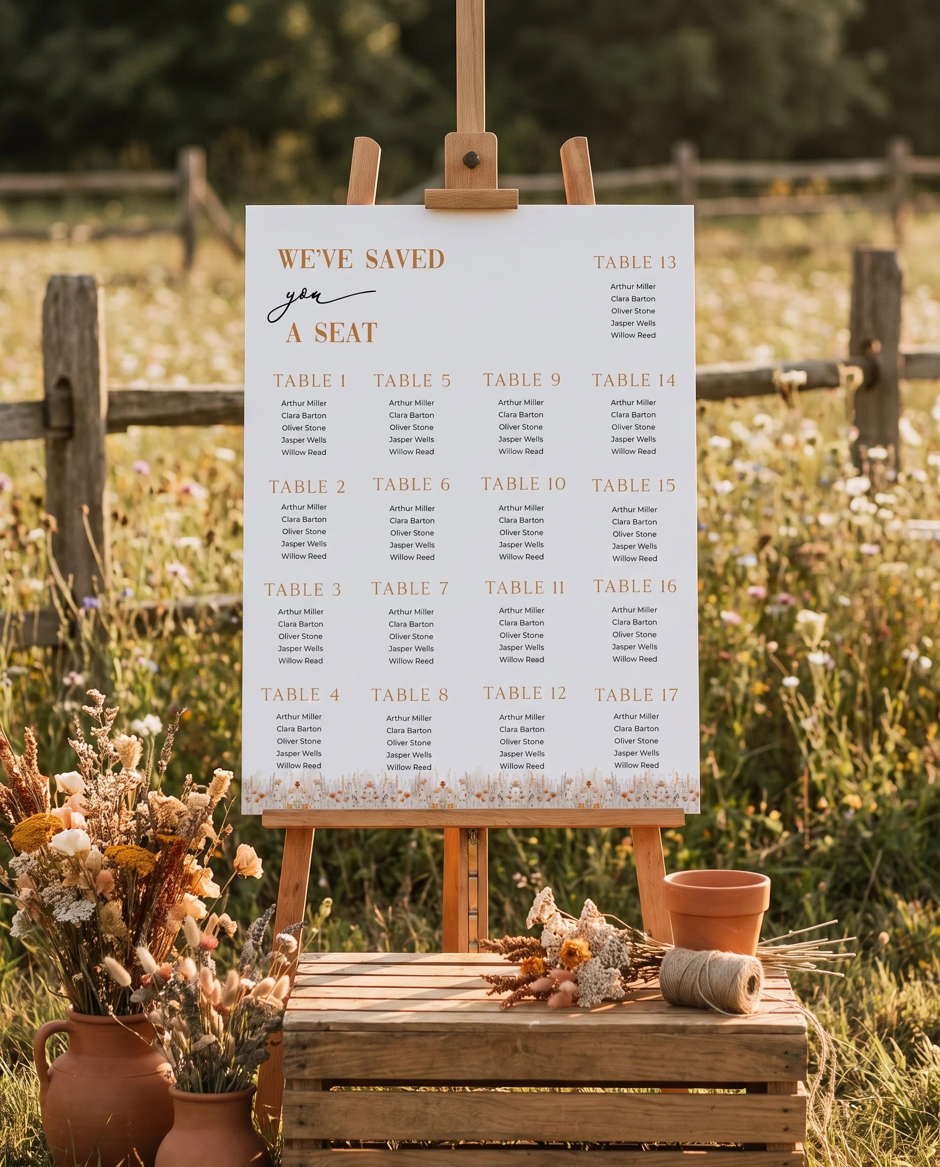 Amber Meadow wedding seating chart — single page displayed on an easel under soft natural light, wedding seating chart.
