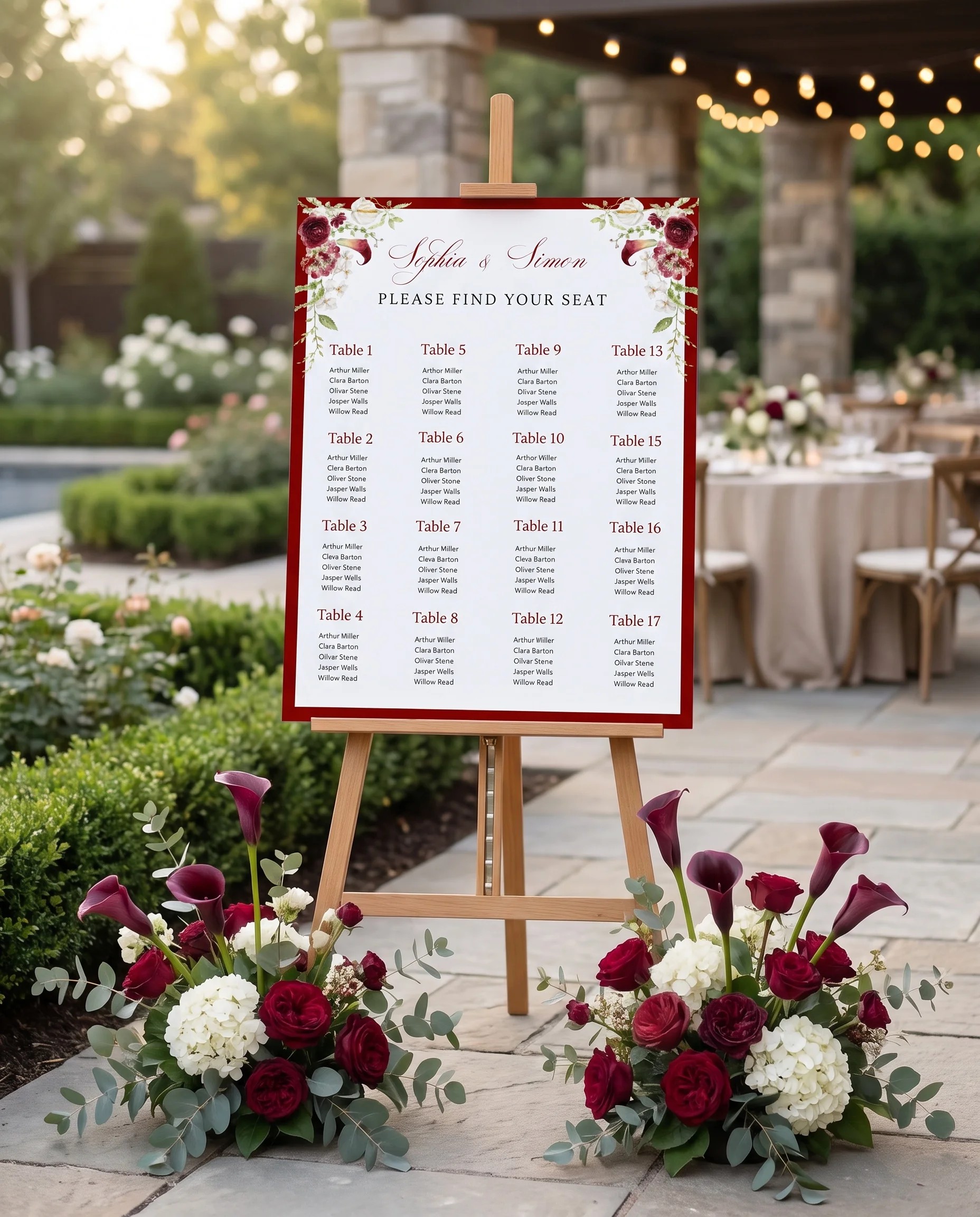 Burgundy Calla wedding seating chart — single page at a reception entrance under soft natural light, seating chart template