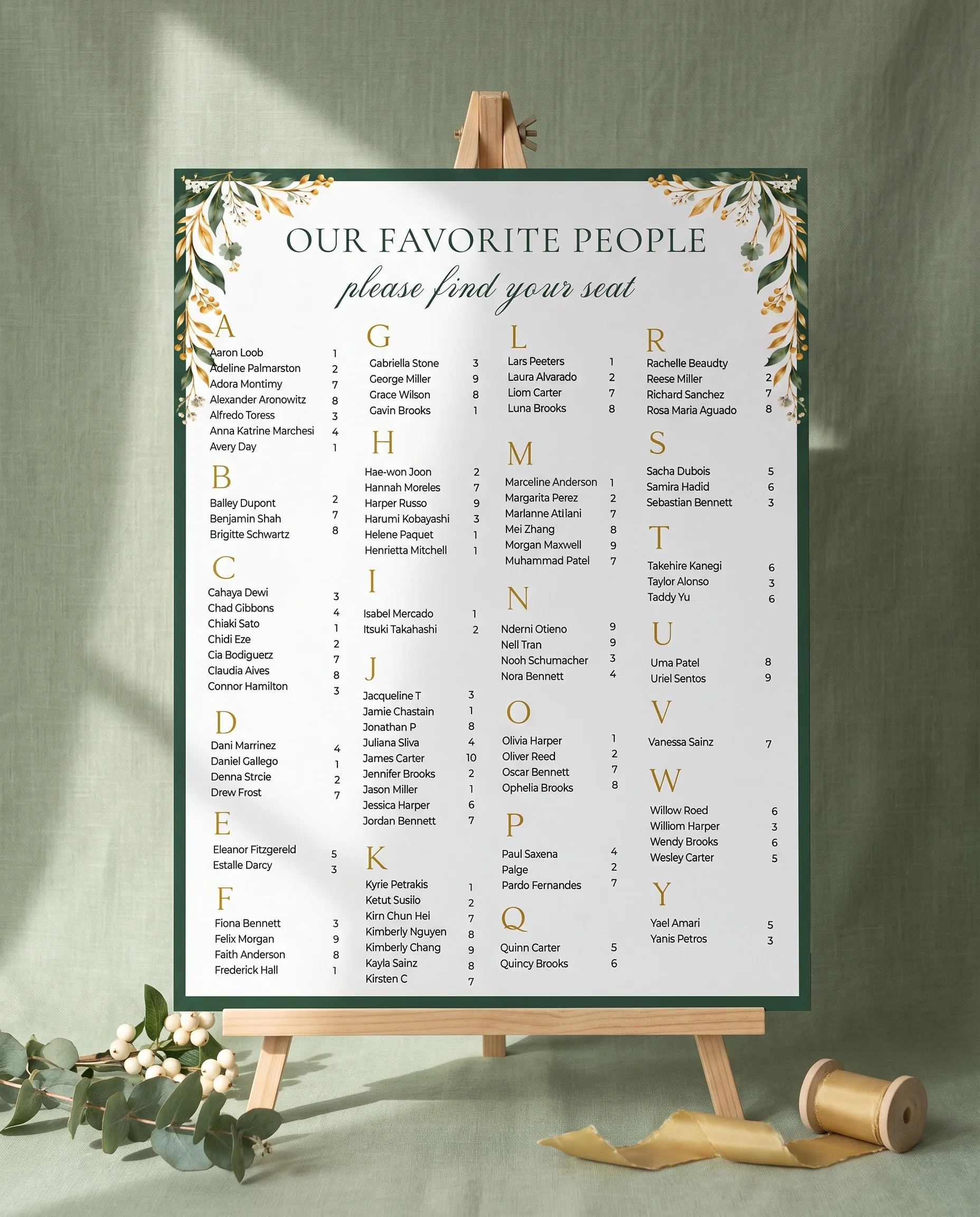 Gilded Foliage wedding seating chart — displayed on an easel under soft natural light, premium editorial wedding seating chart.