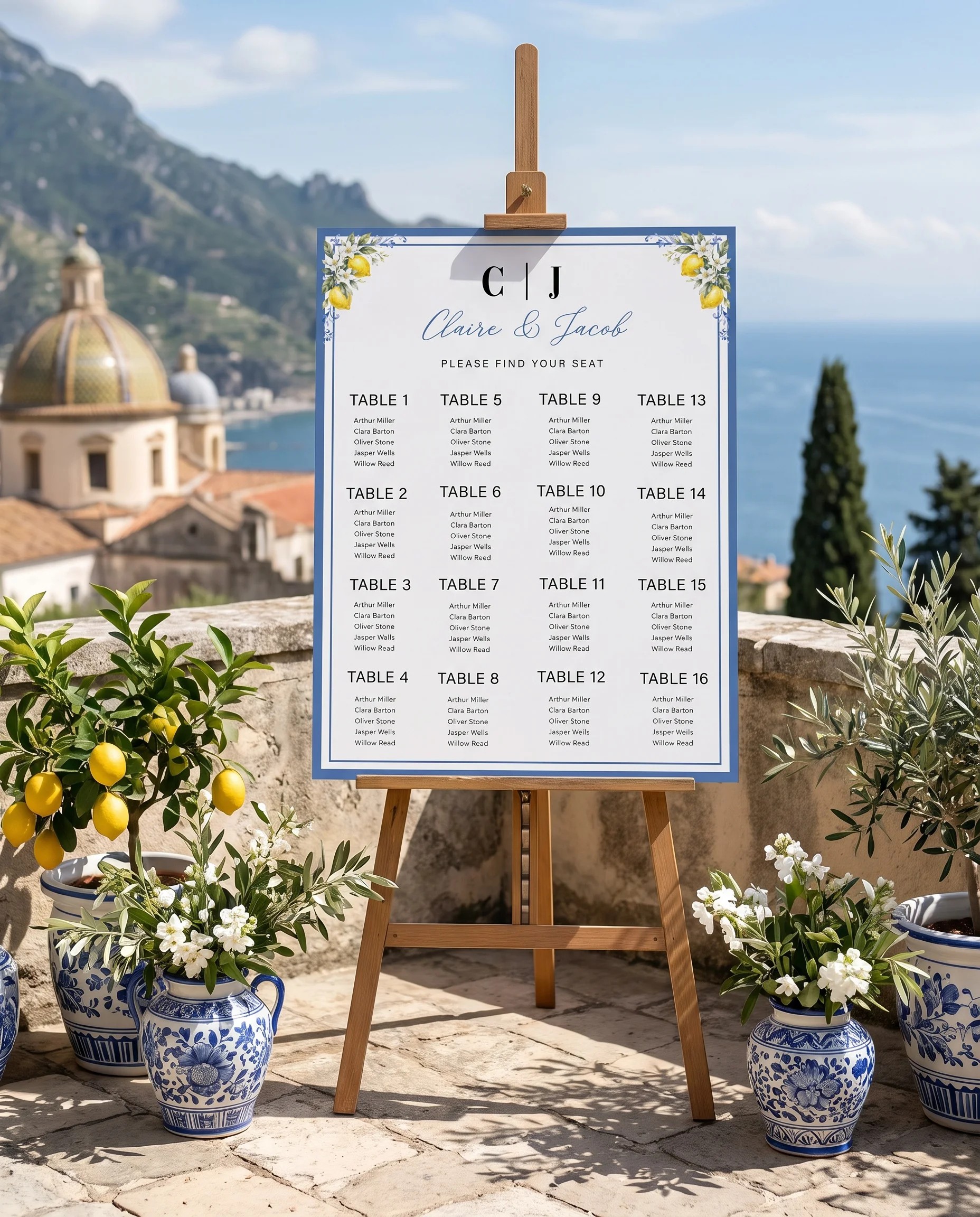 Amalfi Grove wedding seating chart — displayed on an easel under soft natural light with a slight overhead angle, wedding seating chart