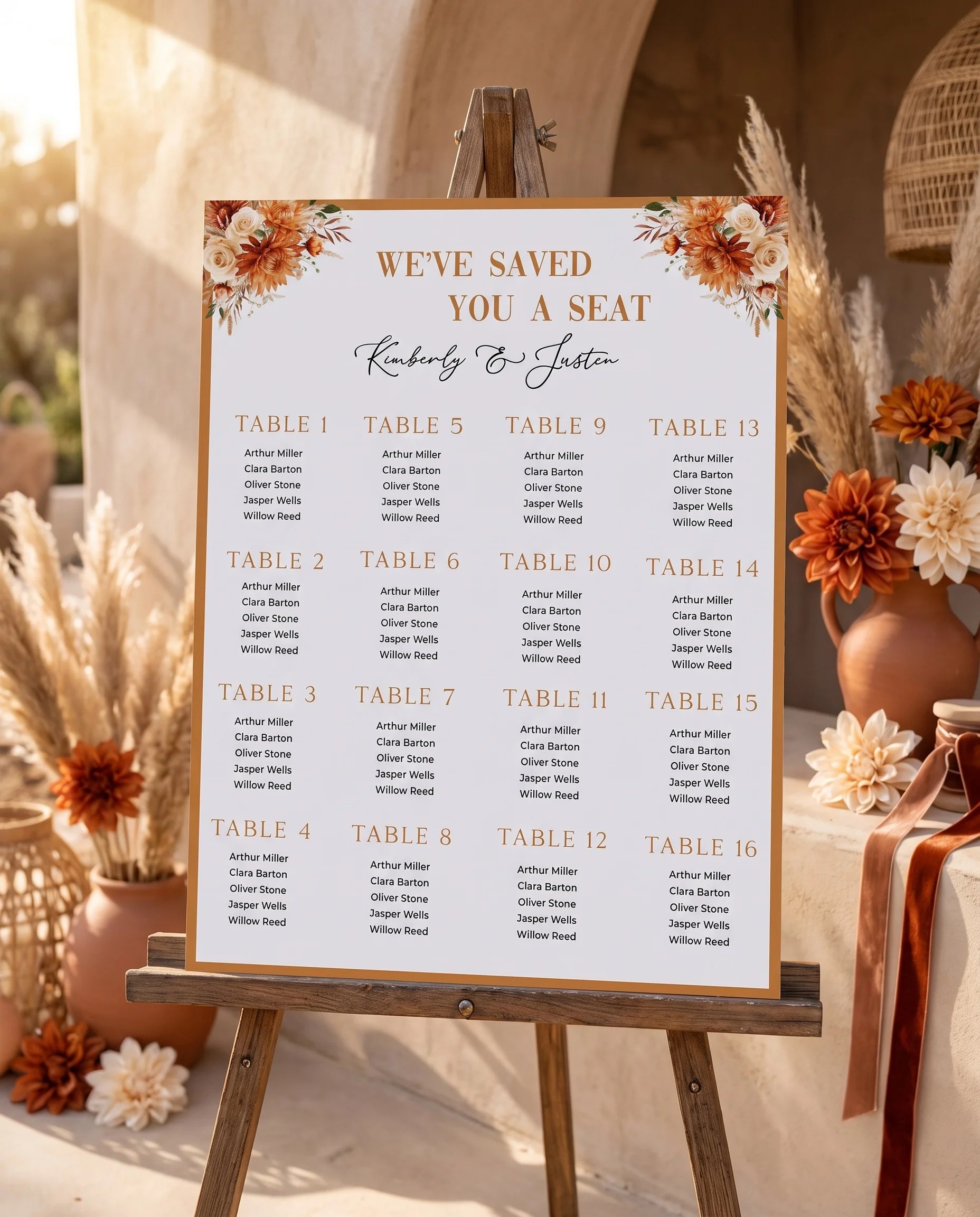 Marigold wedding seating chart — displayed at a reception entrance under soft natural light, premium editorial paper, seating chart template