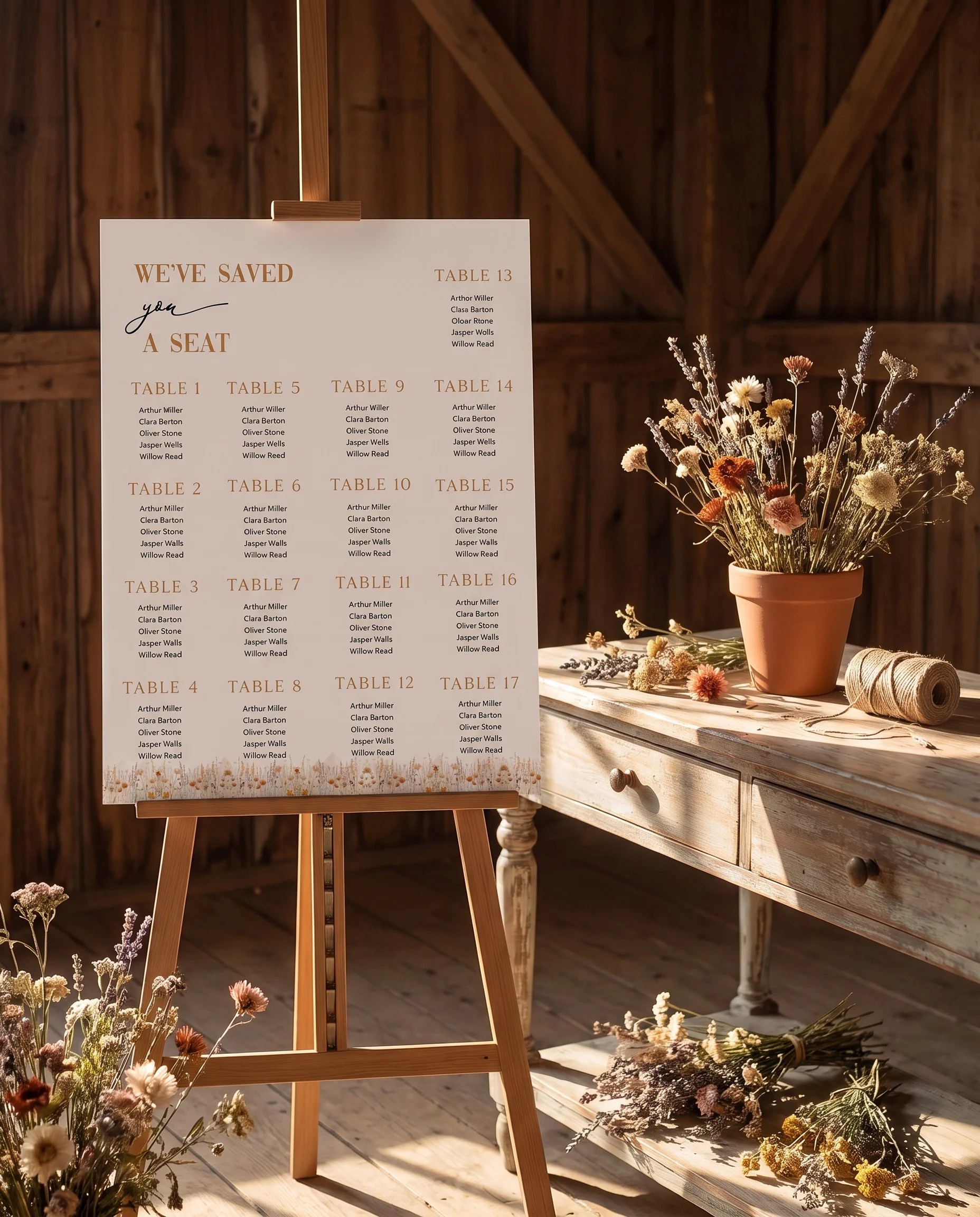 Amber Meadow wedding seating chart — single page shown beside furniture for scale under soft natural light, wedding seating chart template.
