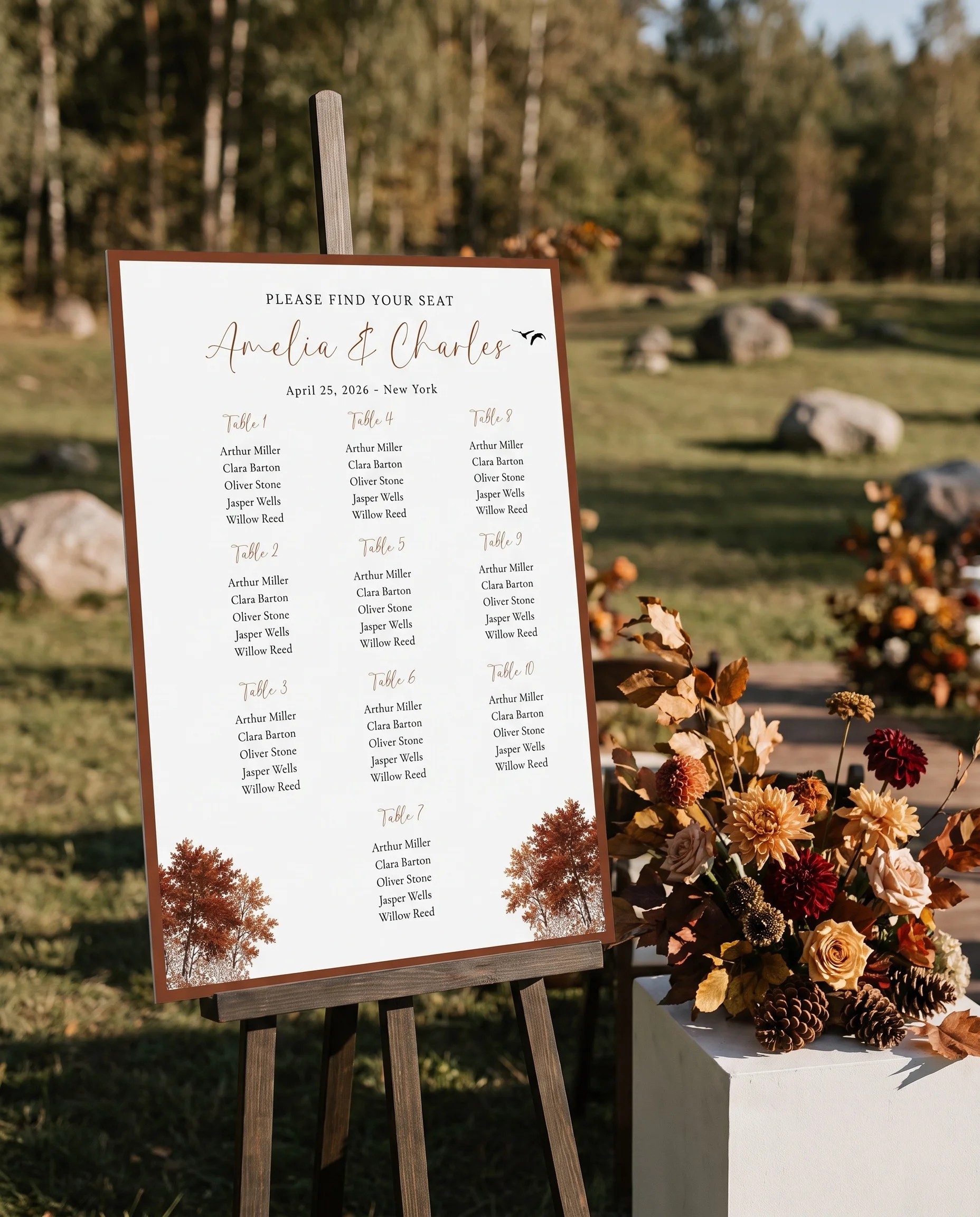 Timberline Reverie wedding seating chart — displayed at a reception entrance under soft natural light, seating chart template.