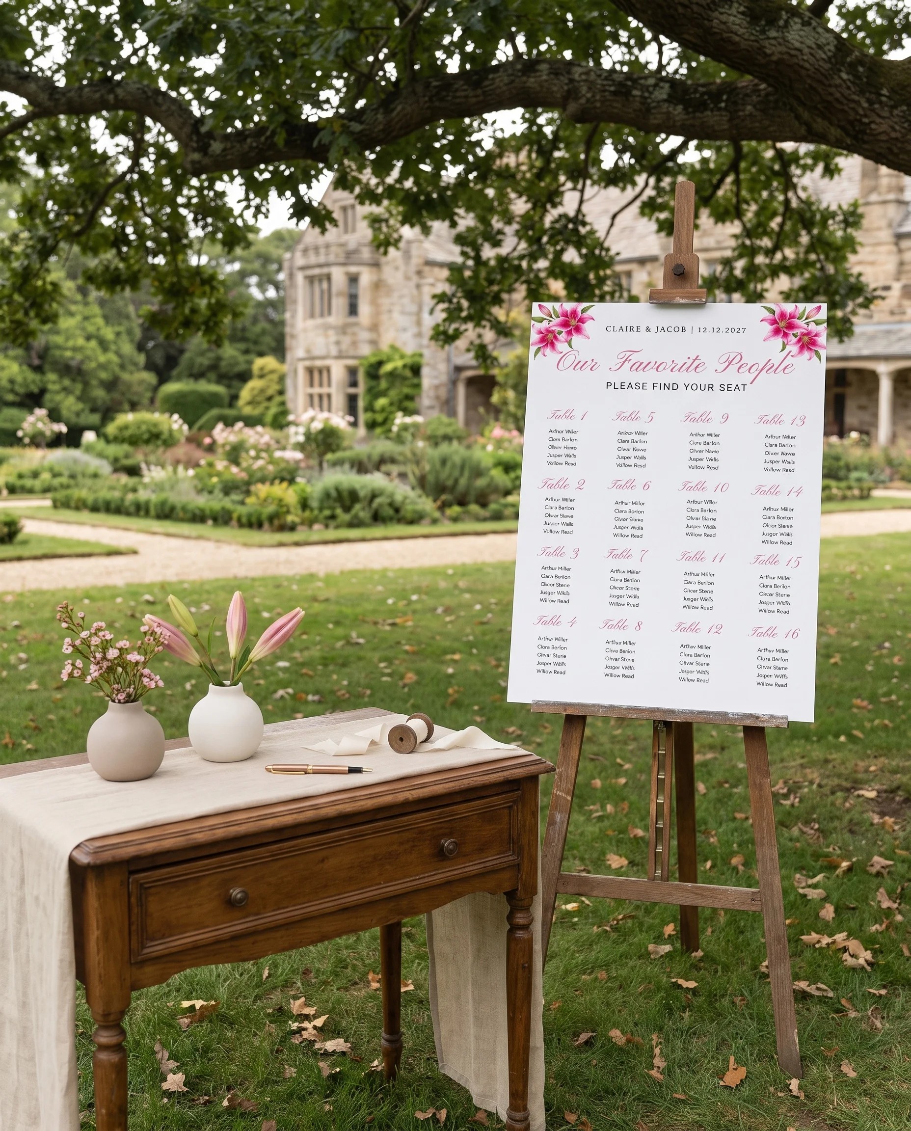 Lily Bloom wedding seating chart — single page displayed beside furniture for scale under soft natural light, wedding seating chart template