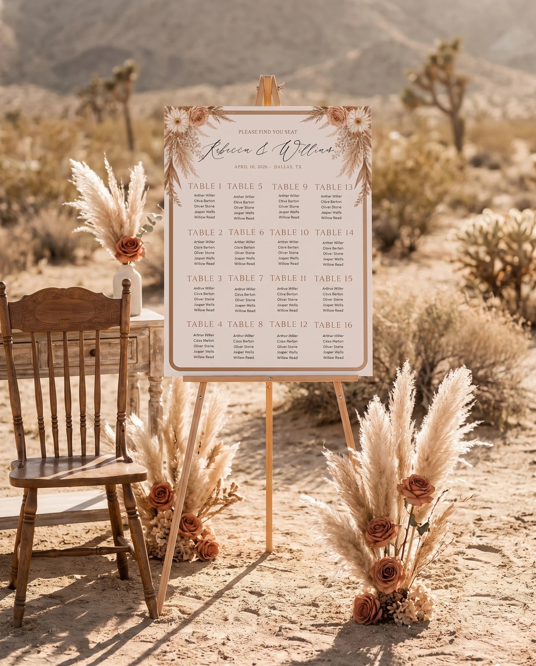 Pampas Hush wedding seating chart — shown beside furniture for scale under soft natural light, wedding seating chart template.