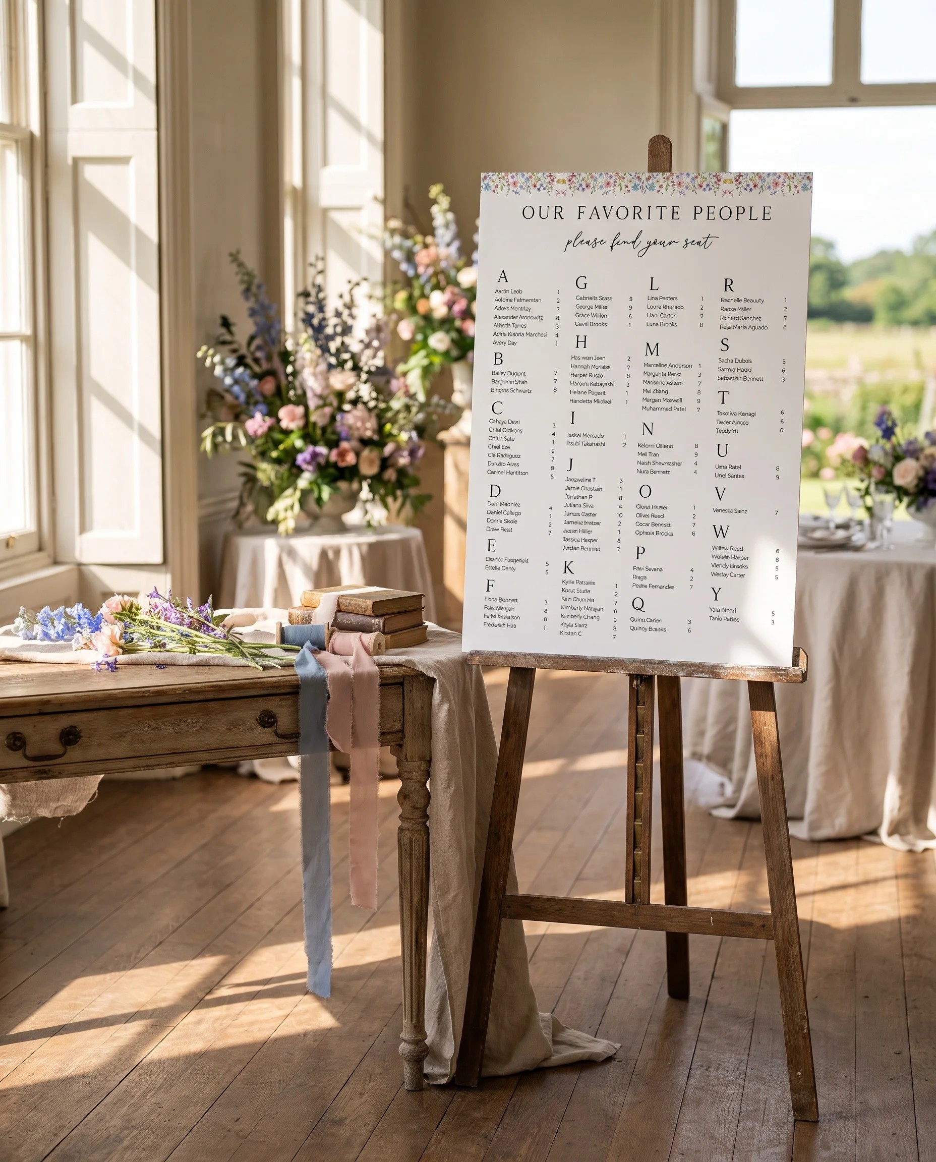 Meadowlark wedding seating chart — single page shown beside furniture for scale under soft natural light, wedding seating chart template