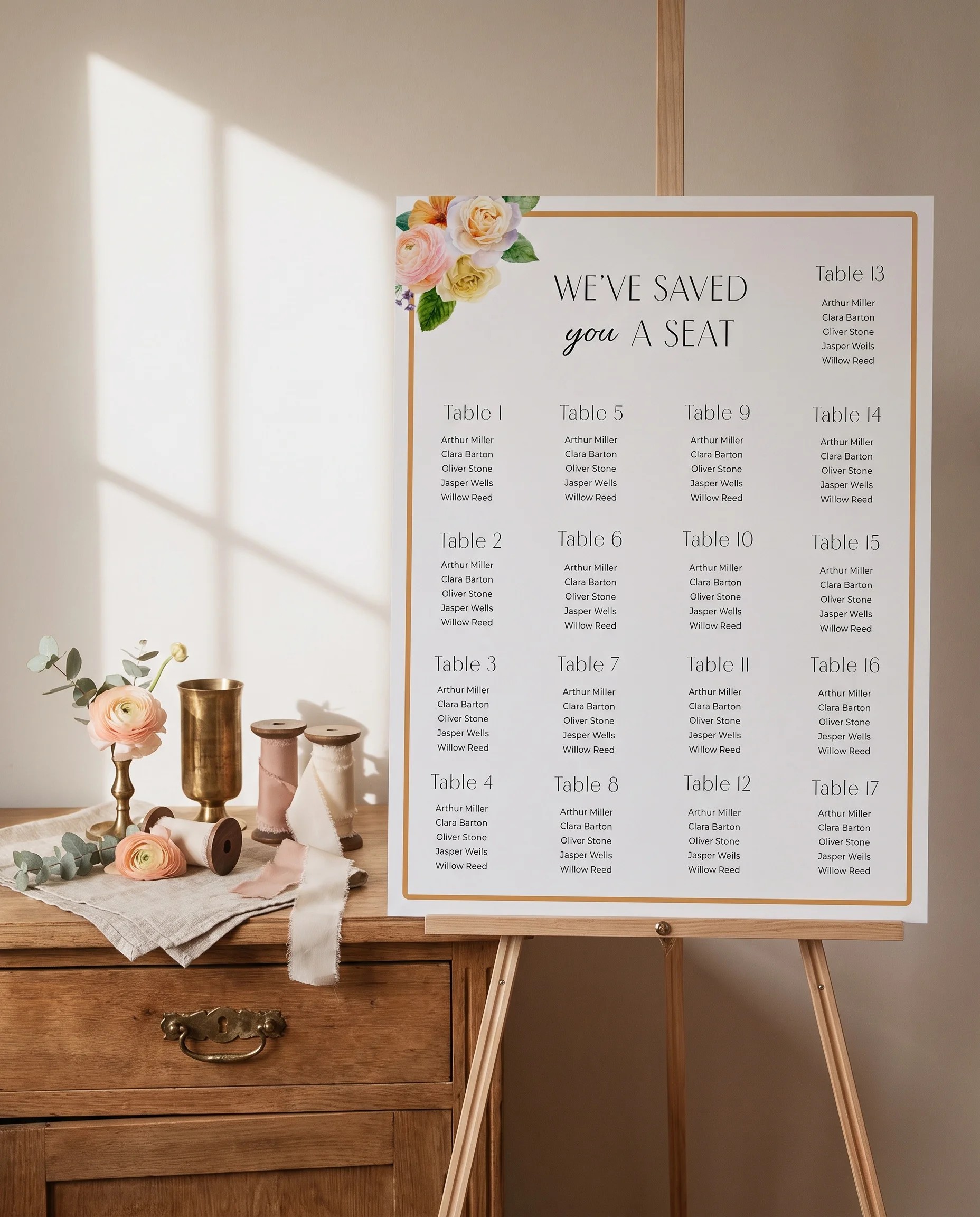 Petal Glade wedding seating chart — single page shown beside furniture for scale under soft natural light, wedding seating chart template