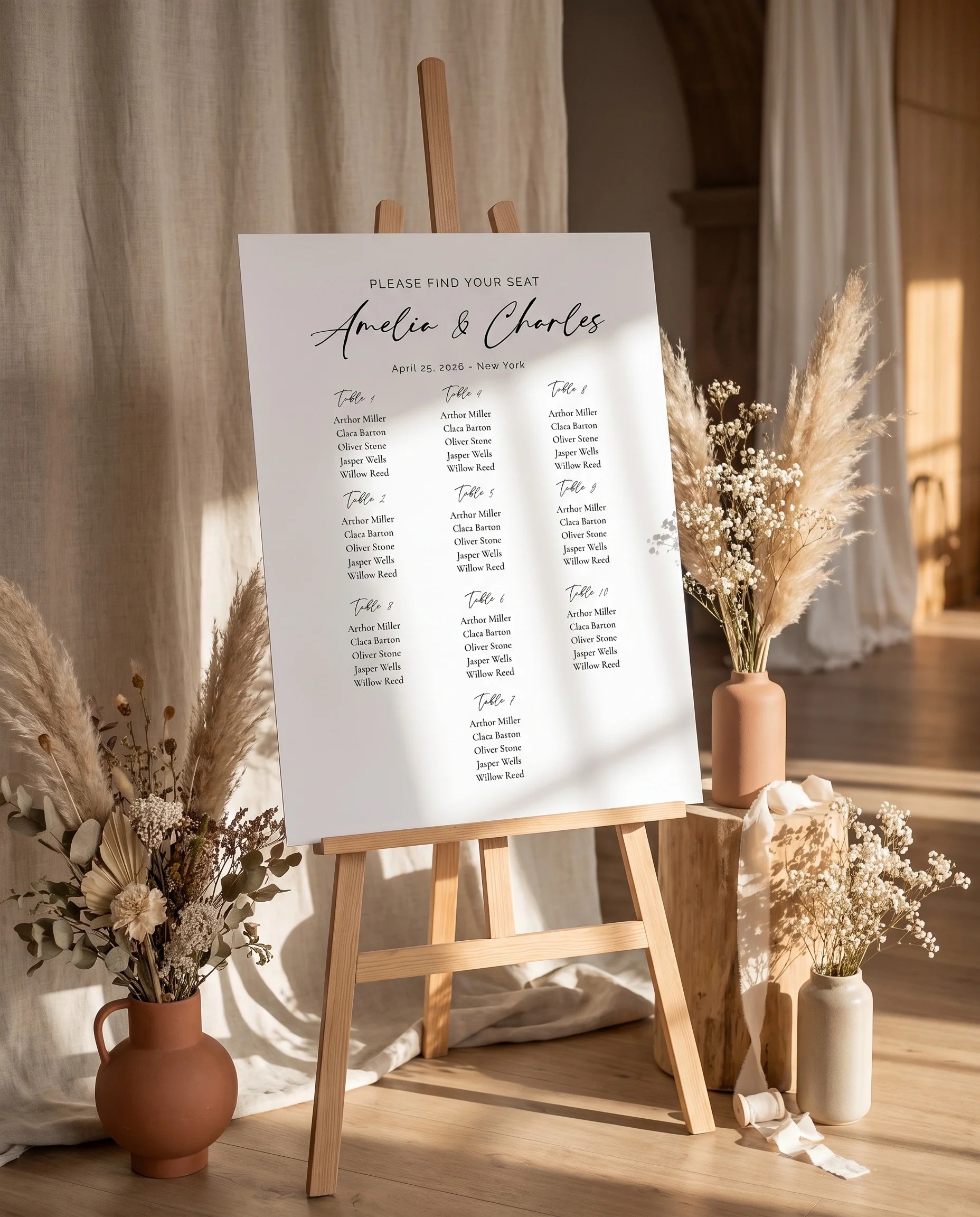 Cathedral wedding seating chart — single page displayed at a reception entrance under soft natural light, seating chart template