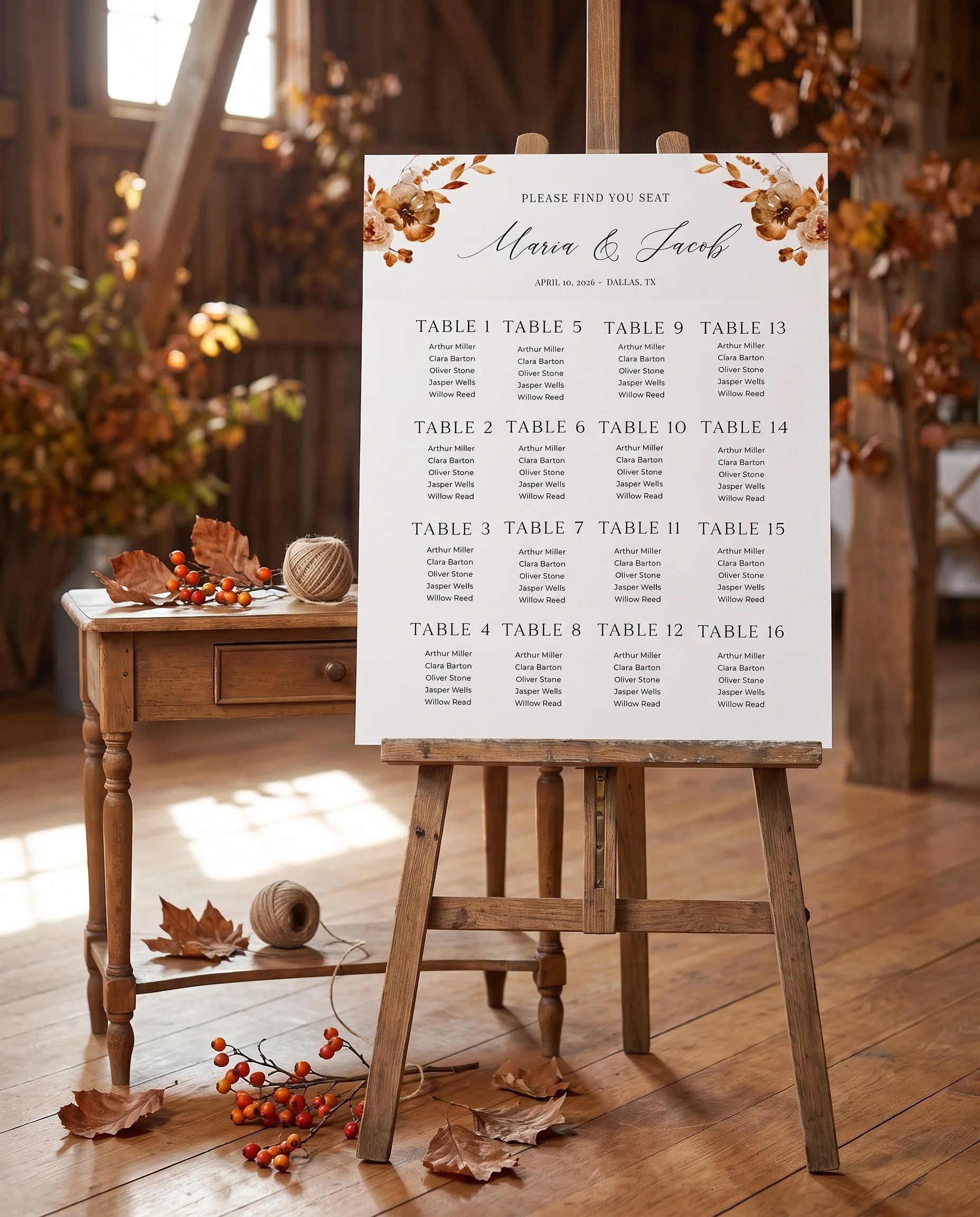Autumn Bramble wedding seating chart — single page shown beside furniture for scale under soft natural light, wedding seating chart template