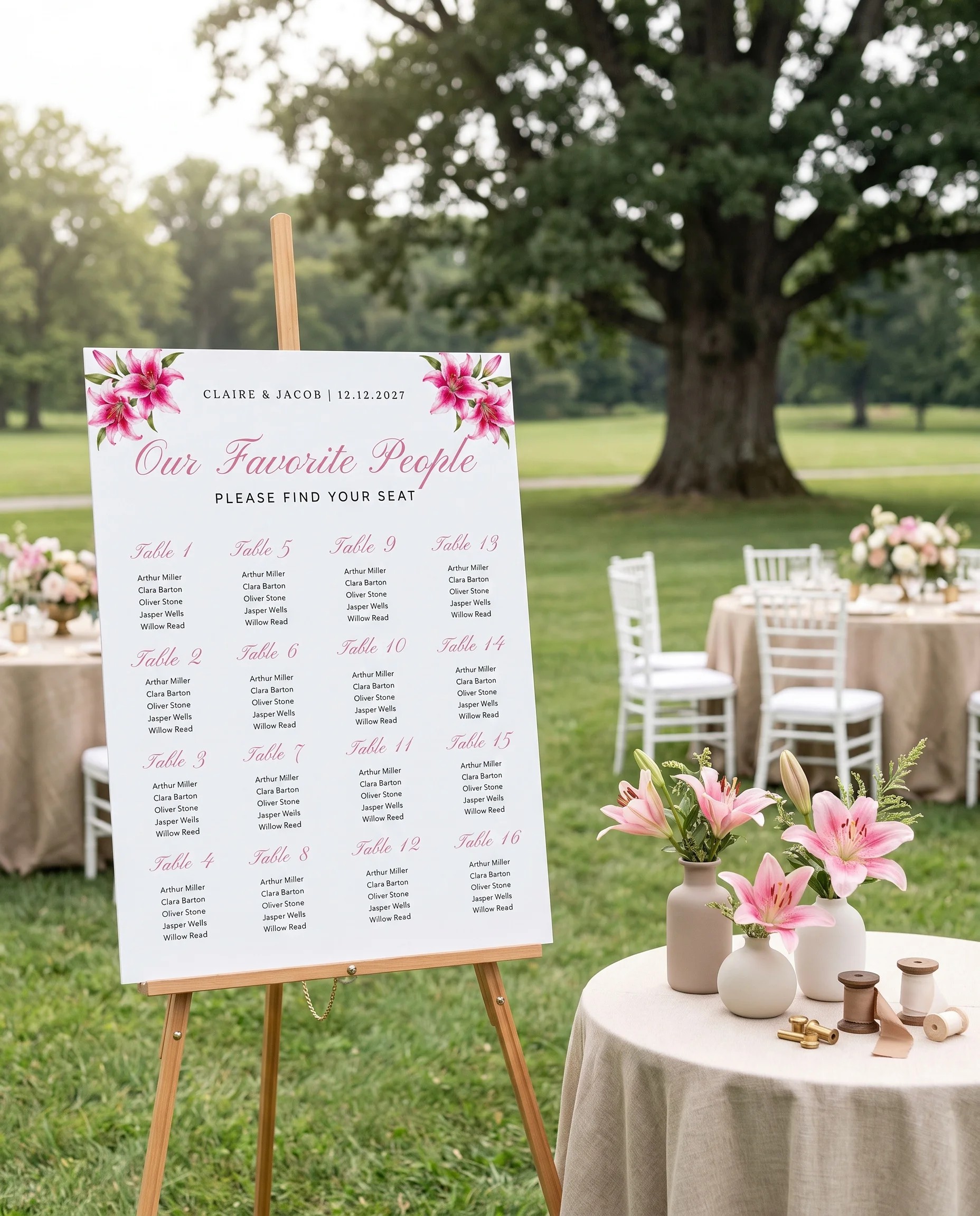 Lily Bloom wedding seating chart — displayed at a reception entrance under soft natural light, seating chart template