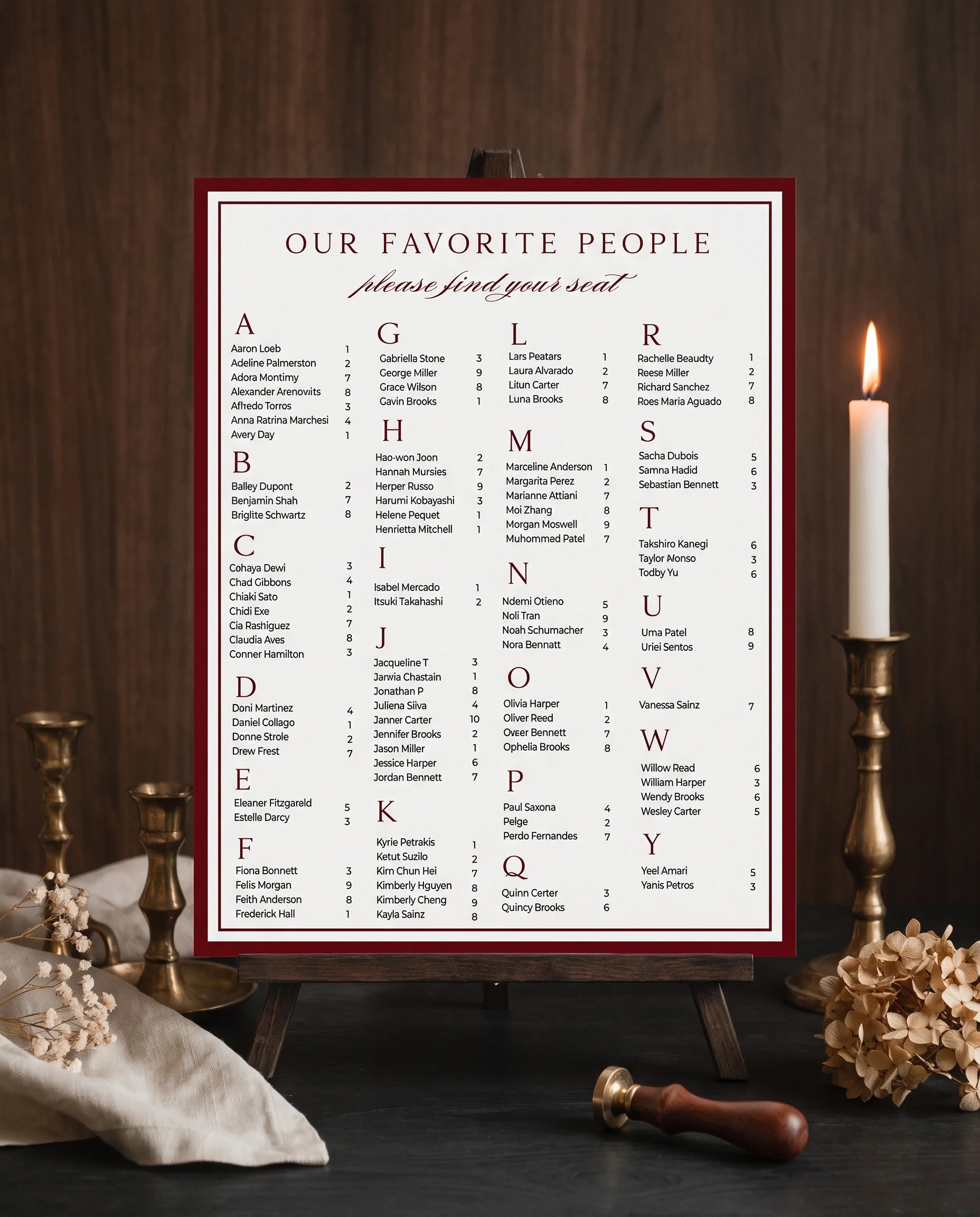 Claret Filigree wedding seating chart — displayed on an easel under soft natural light with a slight overhead angle, wedding seating chart