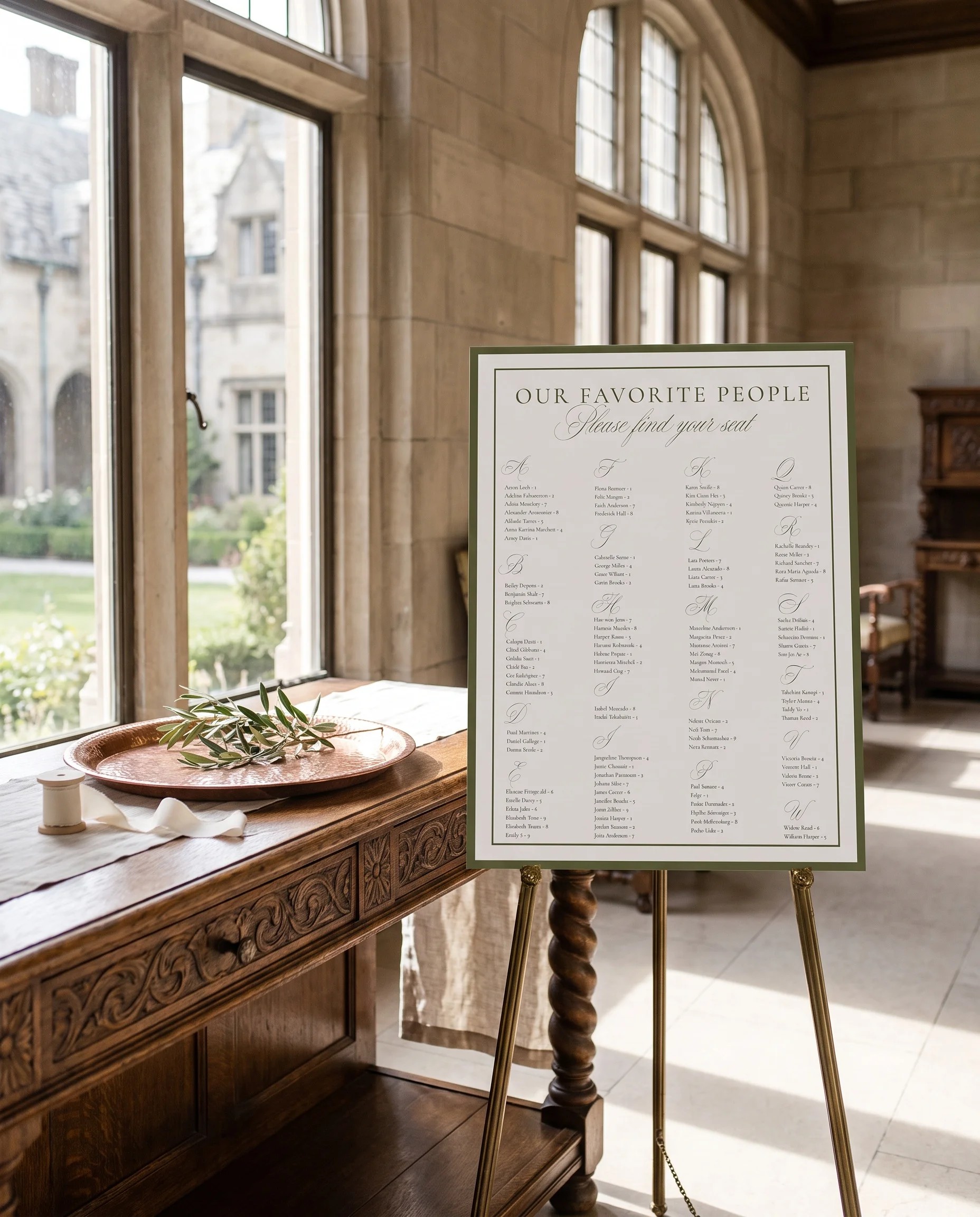 Verdant Filigree wedding seating chart — single page shown beside furniture for scale under soft natural light, wedding seating chart template
