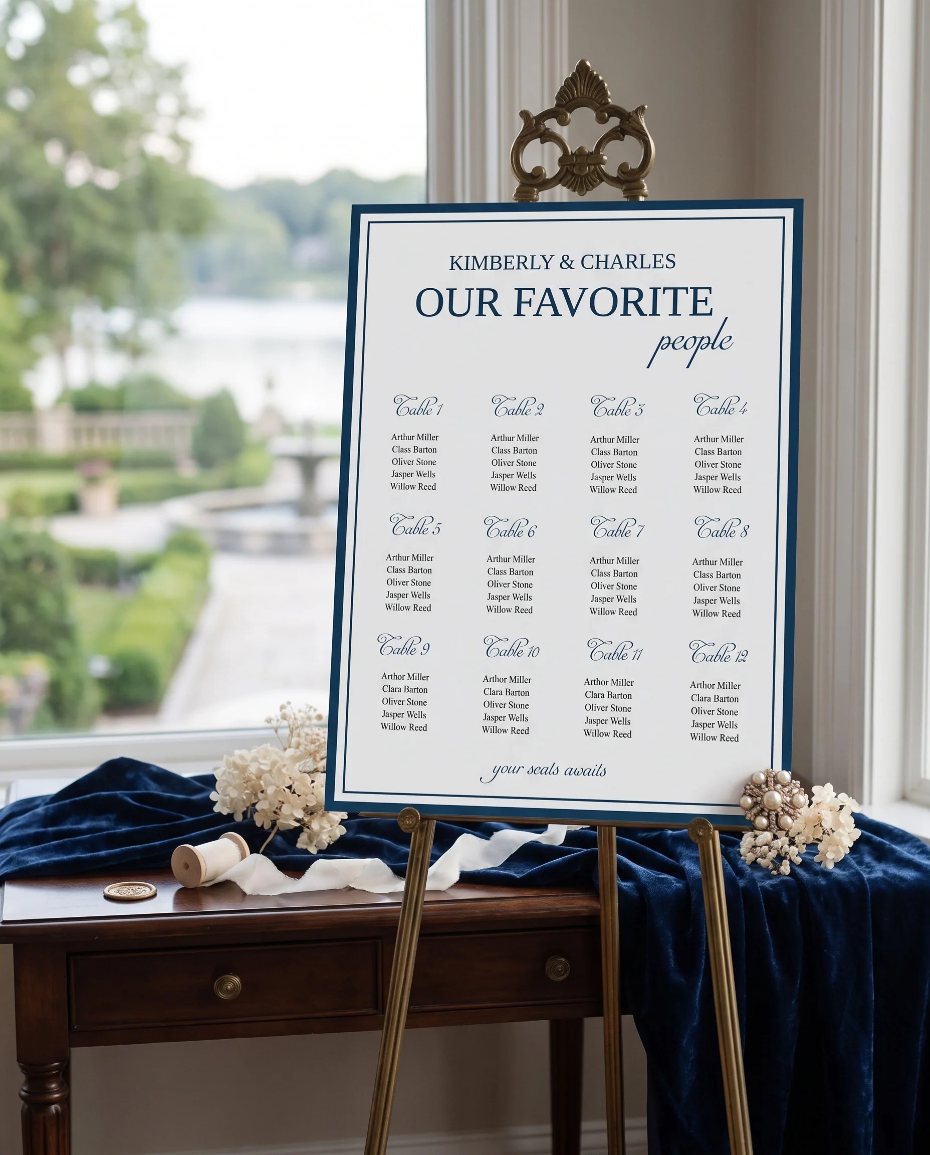Windsor Crown wedding seating chart — single page shown beside furniture for scale under soft natural light, wedding seating chart template