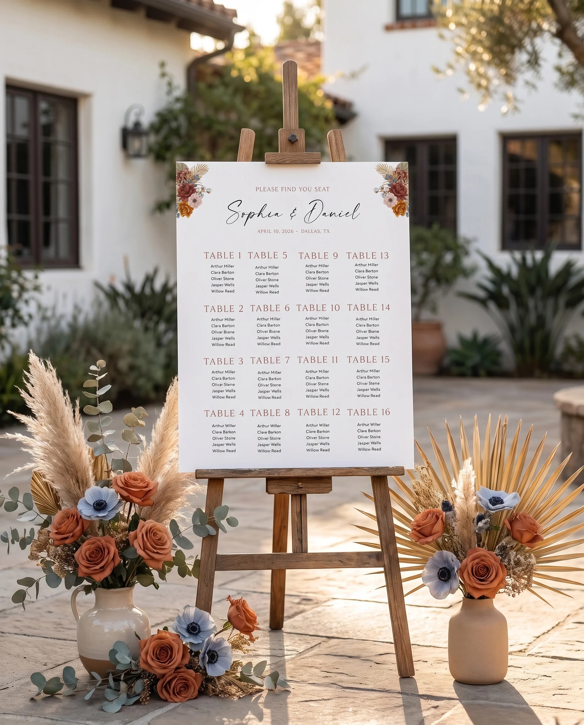 Marisol Bloom wedding seating chart — single page displayed near a reception entrance in soft natural overhead light, seating chart template
