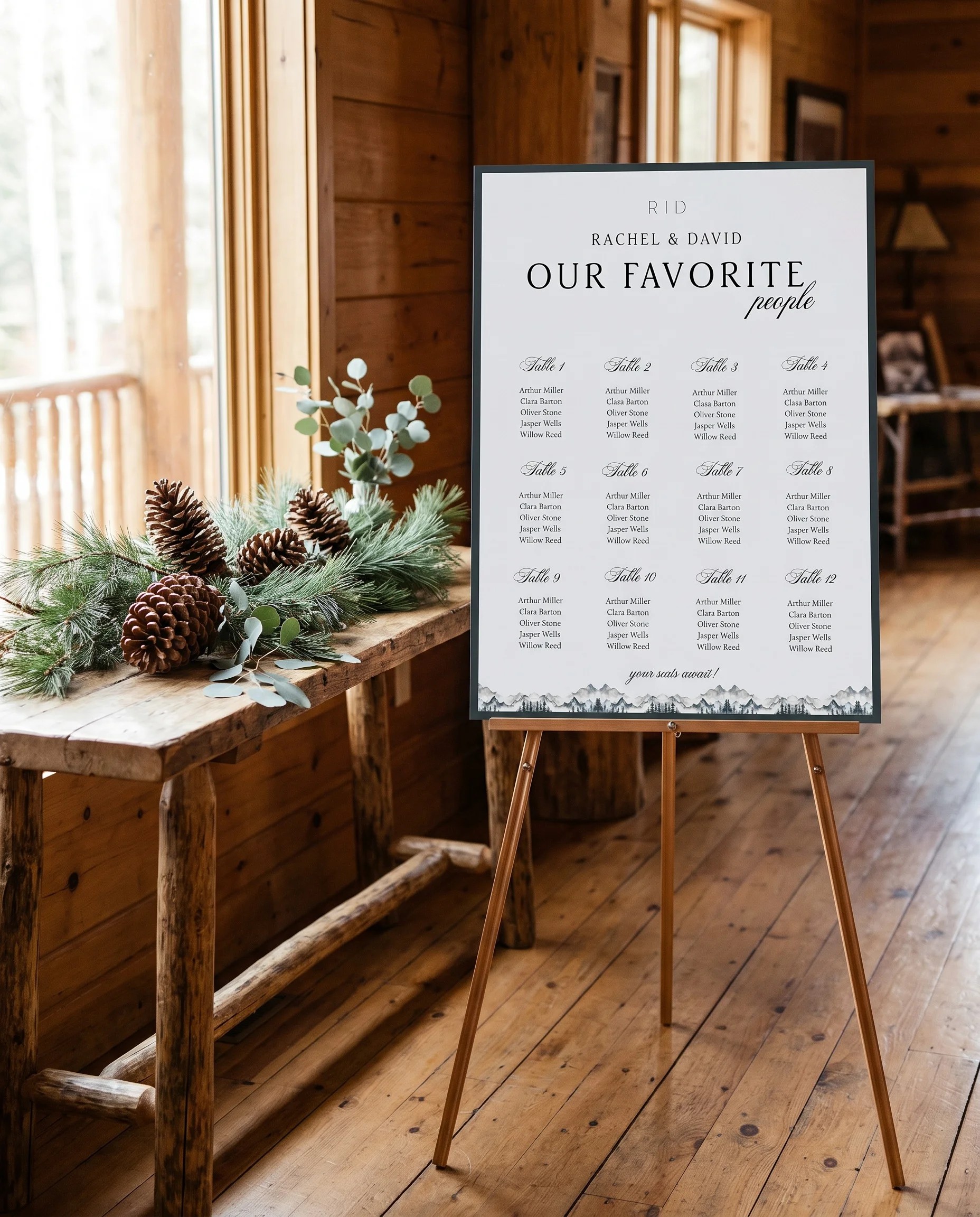 Pinecrest wedding seating chart — single page shown beside furniture for scale under soft natural light, wedding seating chart template.