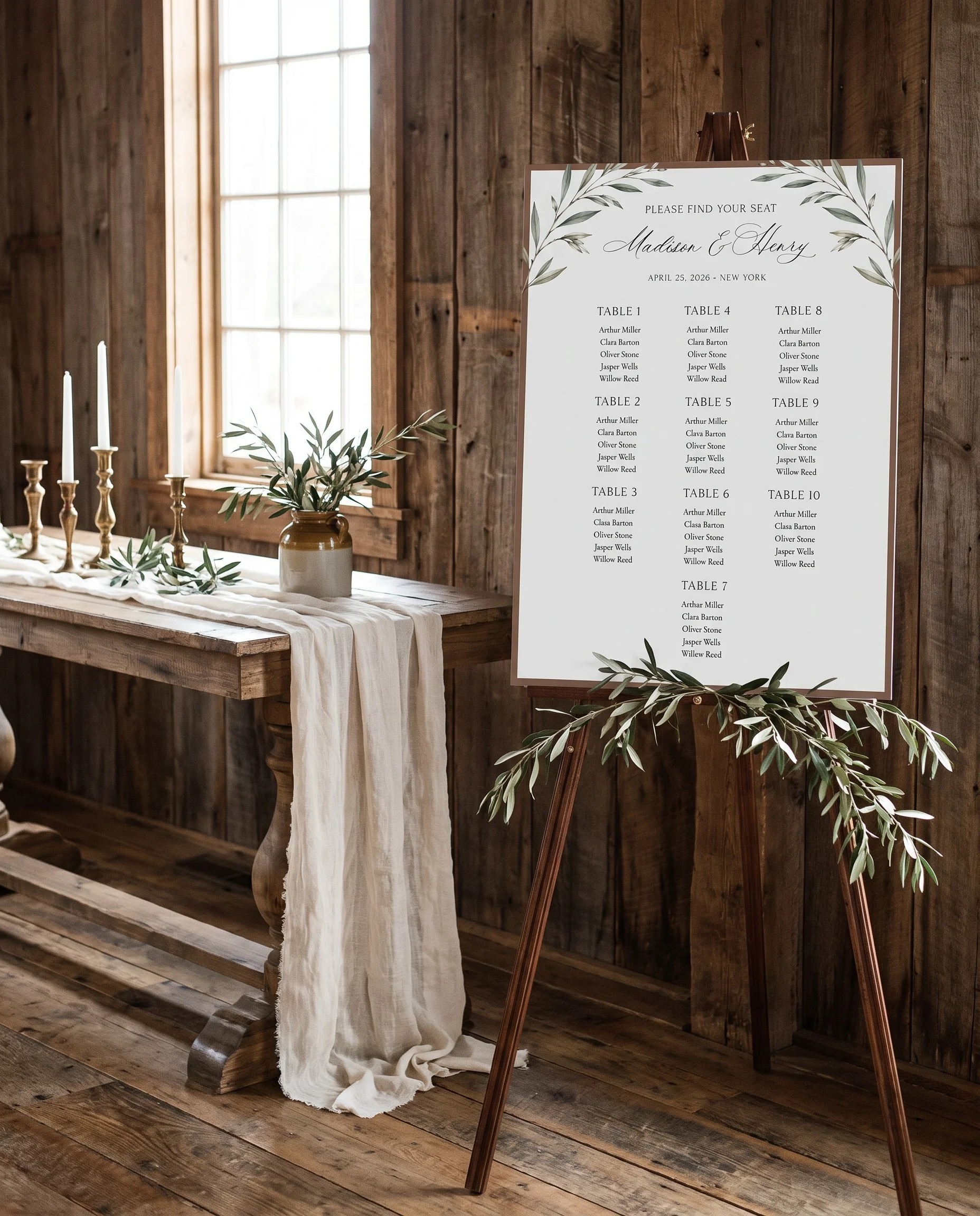 Olive Arc wedding seating chart — shown beside furniture for scale under soft natural light, wedding seating chart template