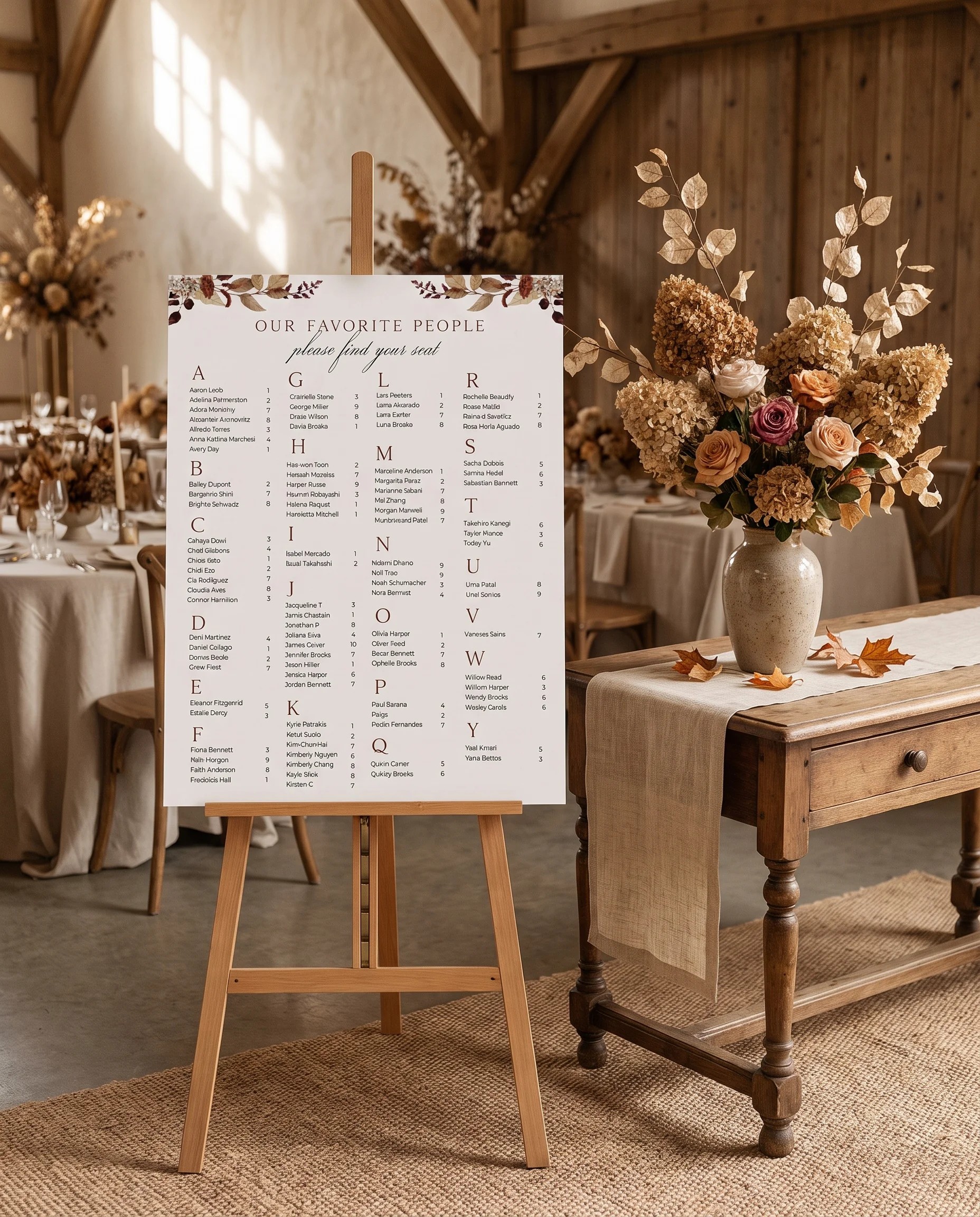 Bramble Row wedding seating chart — single page shown beside furniture for scale under soft natural light, wedding seating chart template