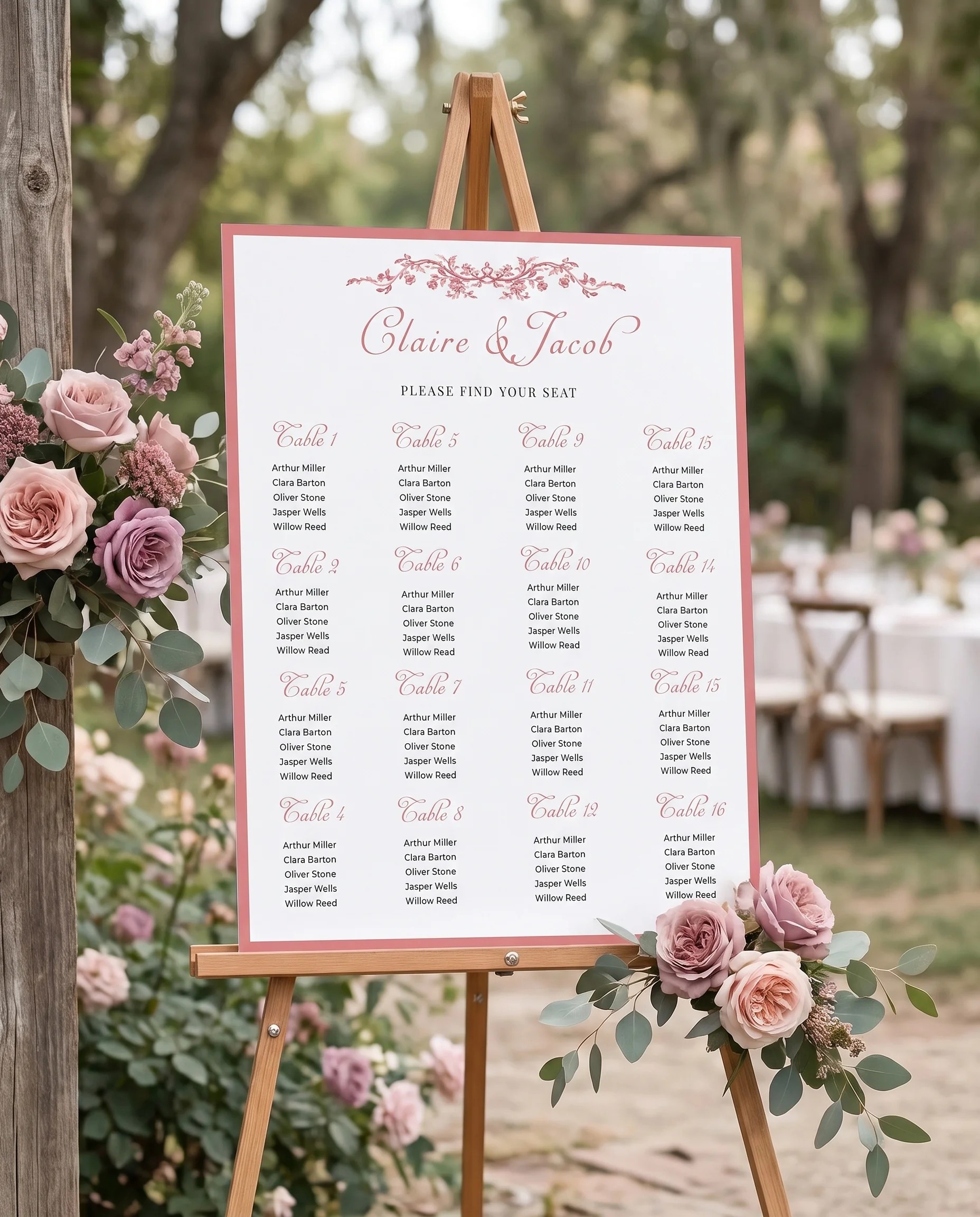 Rosewood Trellis wedding seating chart — displayed at a reception entrance under soft natural light, seating chart template