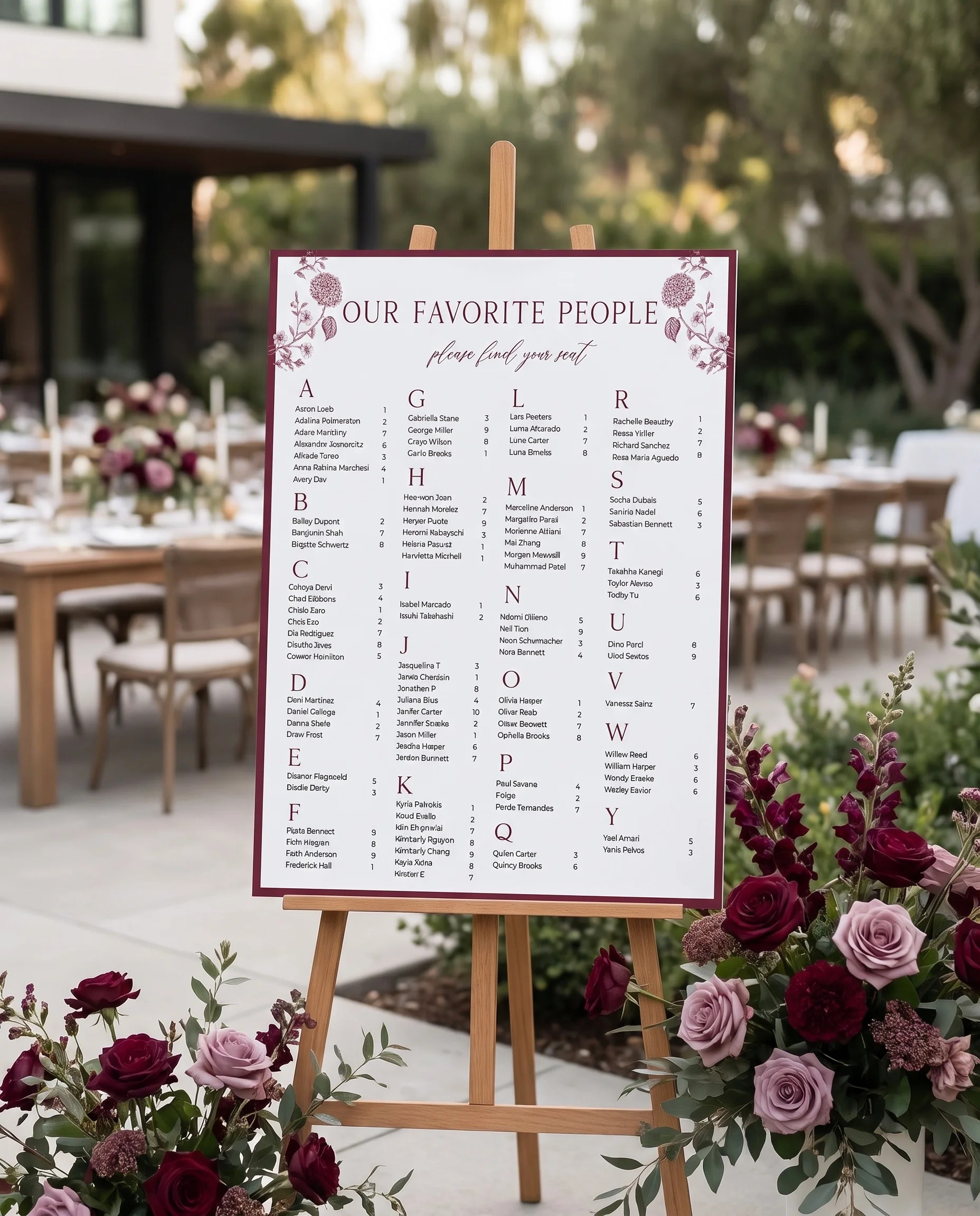 Chantilly wedding seating chart — displayed at a reception entrance under soft natural light with a slight overhead angle, seating chart template