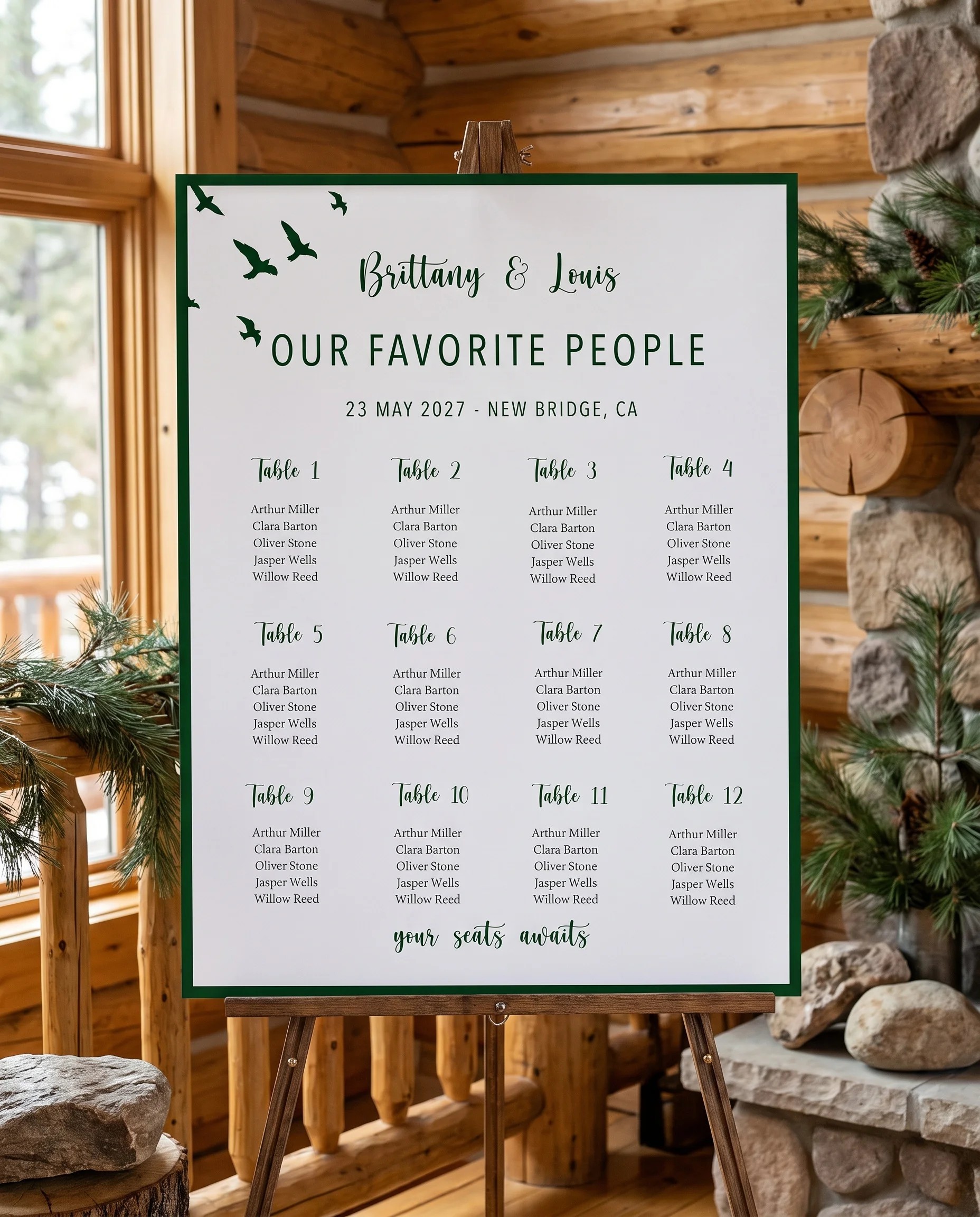 Evergreen Star wedding seating chart — displayed on an easel under soft natural light, premium editorial wedding seating chart