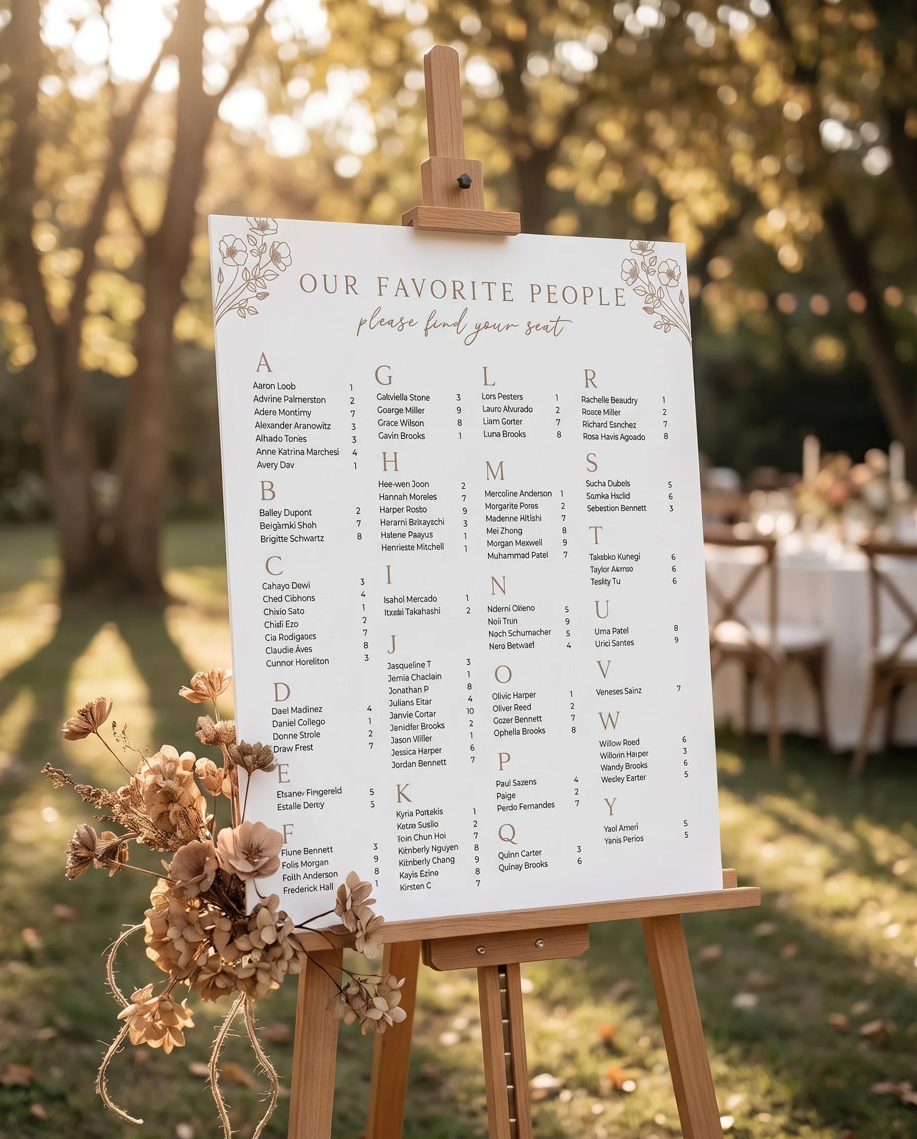 Anemora wedding seating chart — displayed at a reception entrance under soft natural light, seating chart template