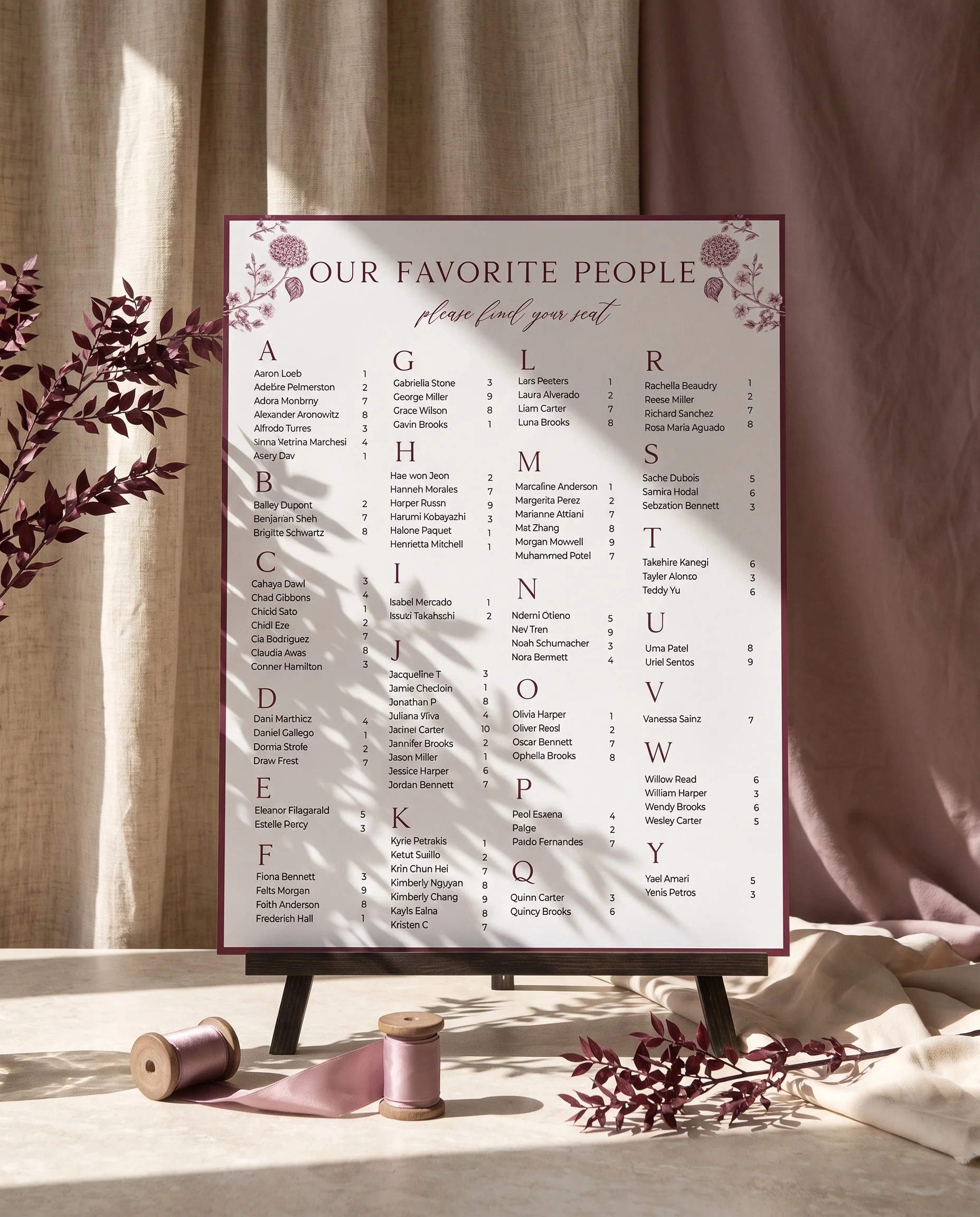 Chantilly wedding seating chart — single page displayed on an easel under soft natural light, wedding seating chart