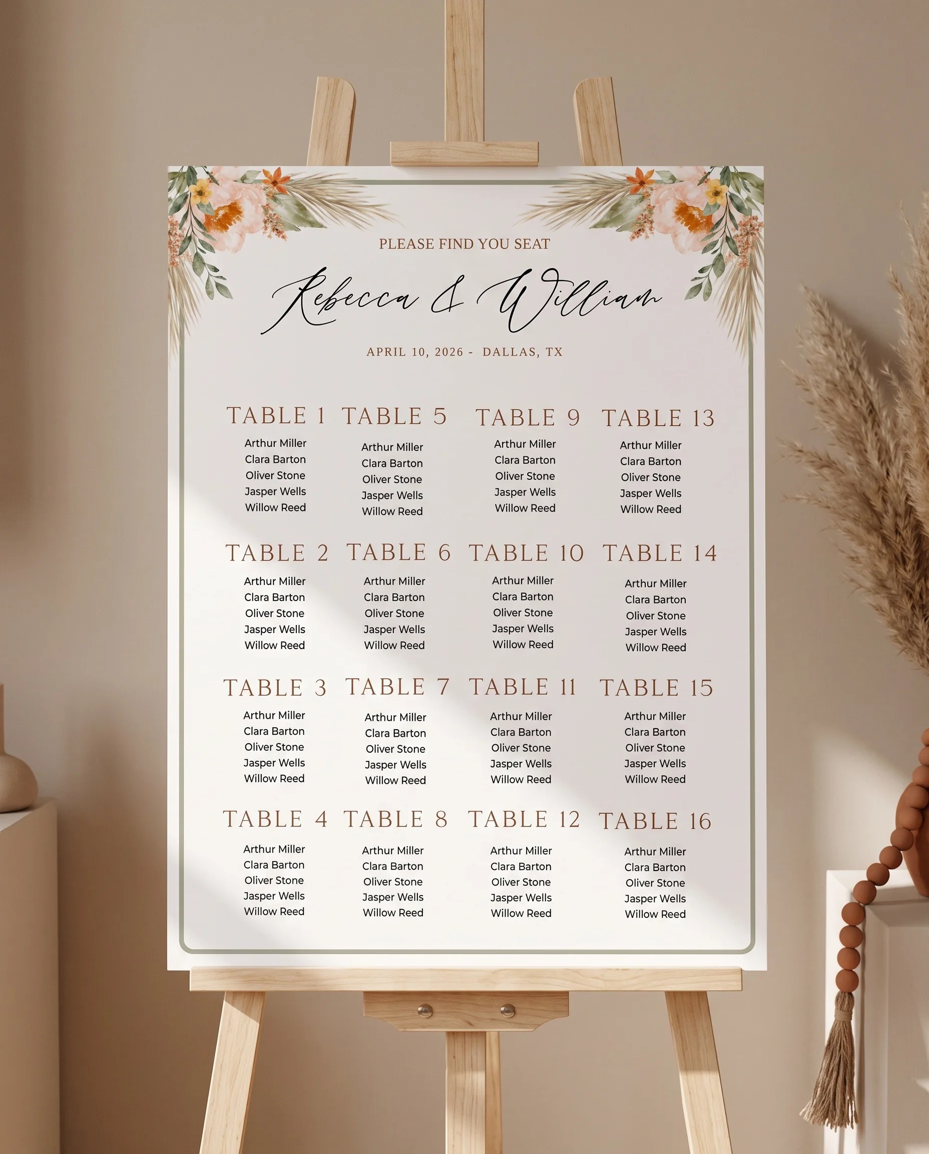 Prairie Fern wedding seating chart — displayed on an easel under soft natural light at a slight overhead angle, wedding seating chart