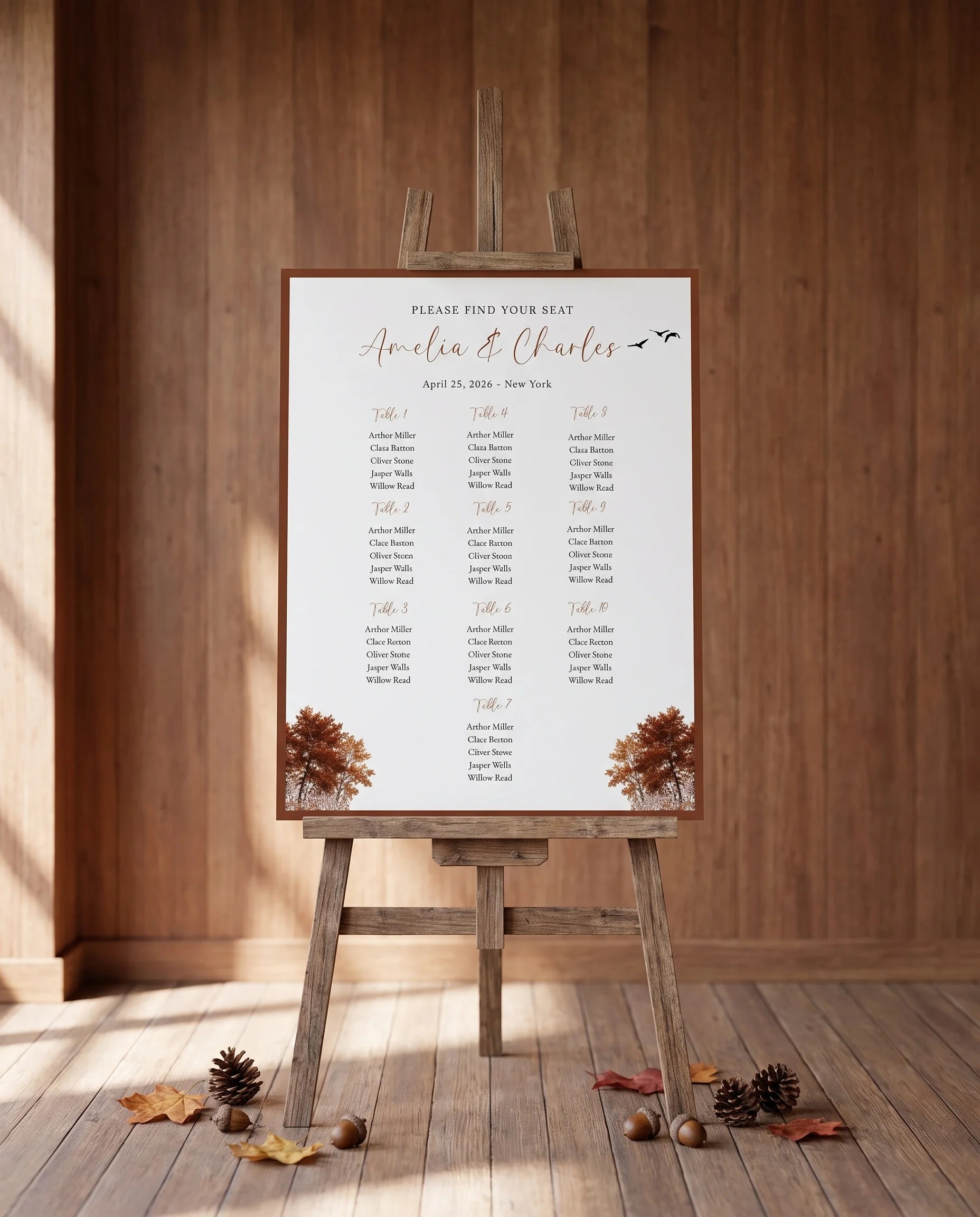 Timberline Reverie wedding seating chart — displayed on an easel under soft natural light at a slight overhead angle, wedding seating chart