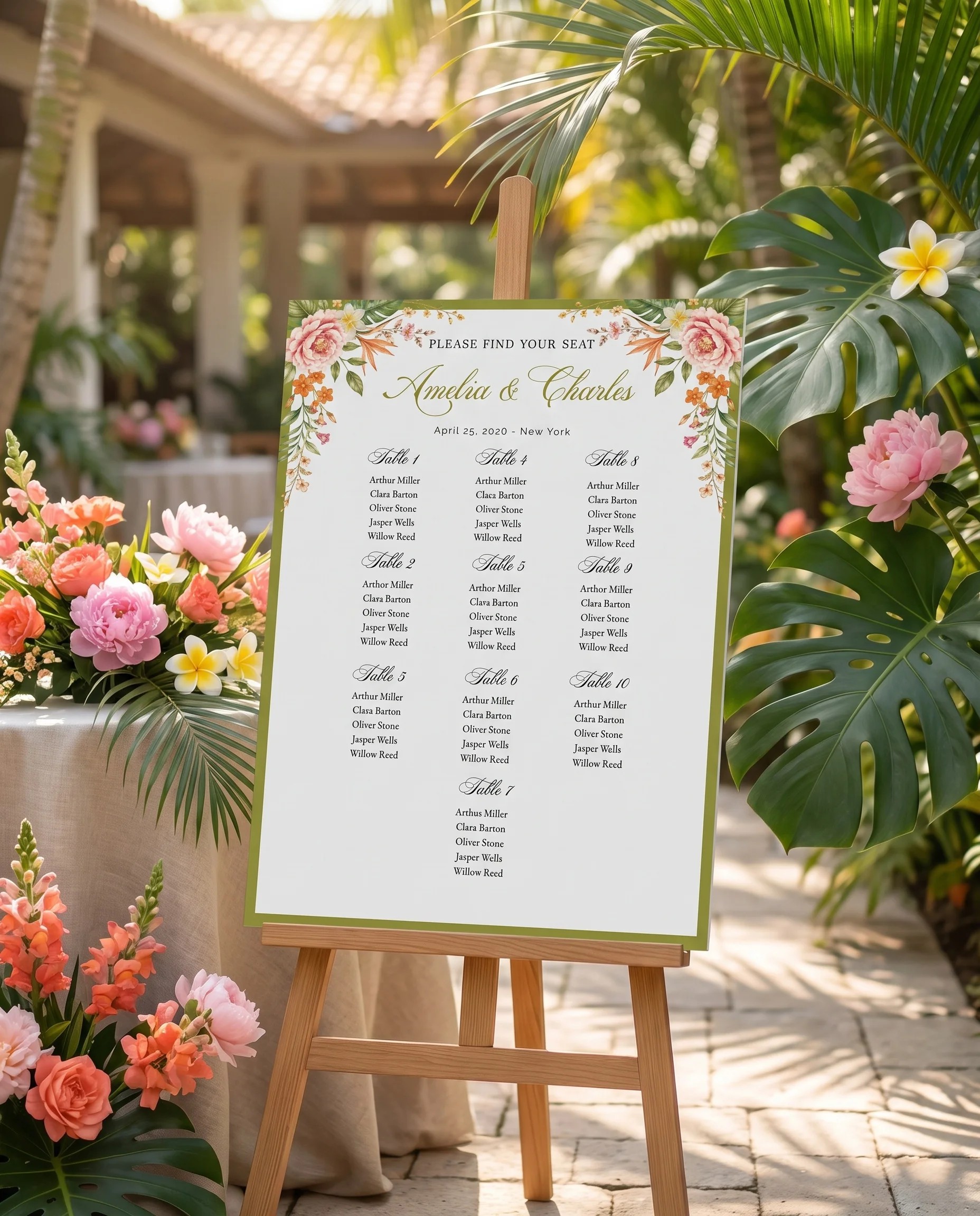 Plumeria Peony wedding seating chart — single page displayed at a reception entrance under soft natural light, seating chart template