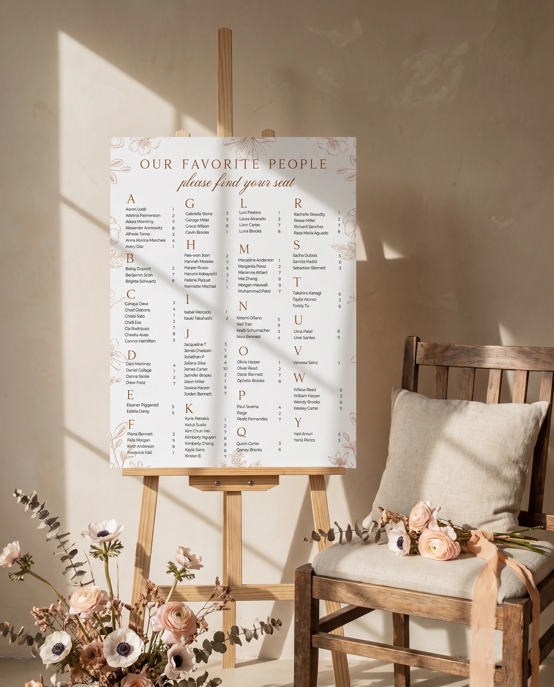 Petalcrest wedding seating chart — single page shown beside furniture for scale under soft natural light, wedding seating chart template