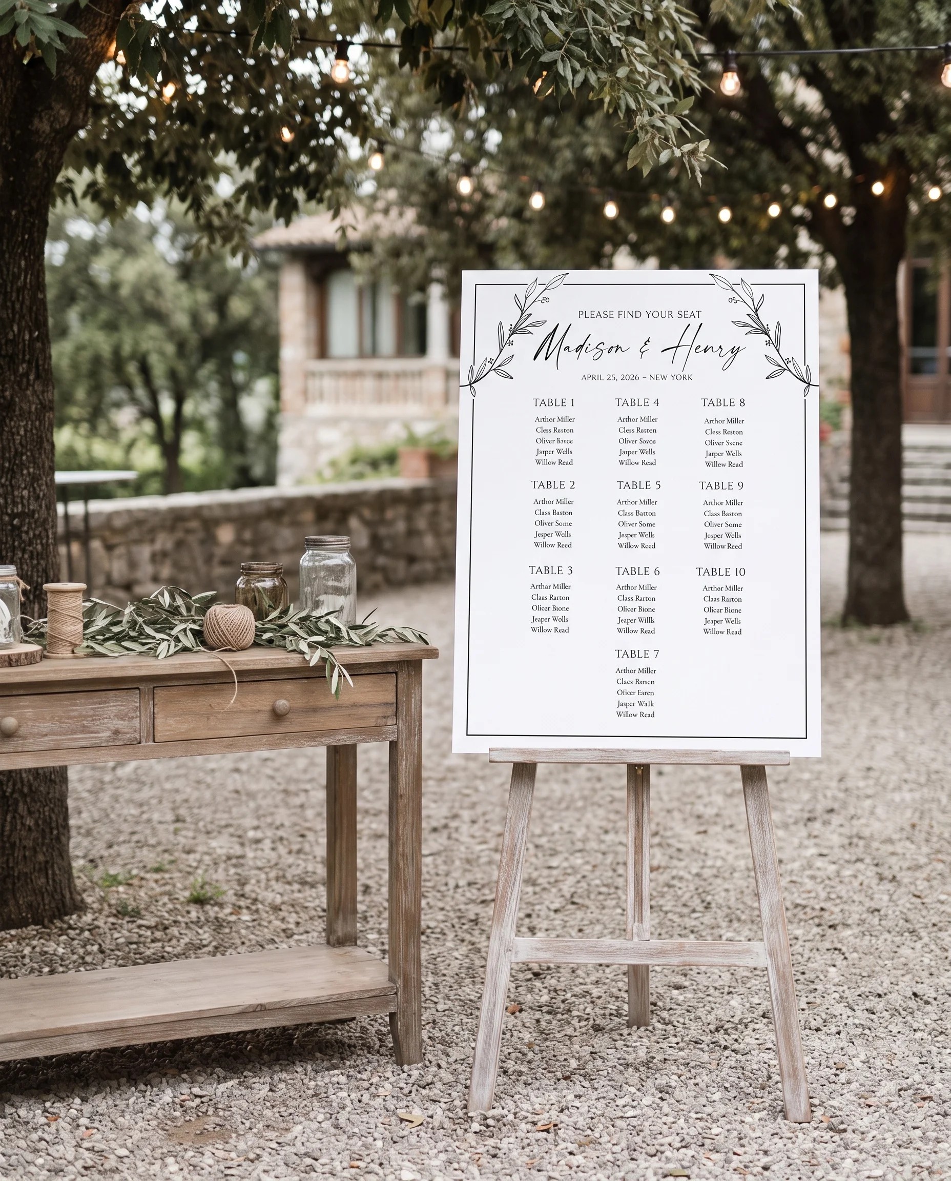 Willow Script wedding seating chart — single page shown beside furniture for scale under soft natural light, wedding seating chart template.