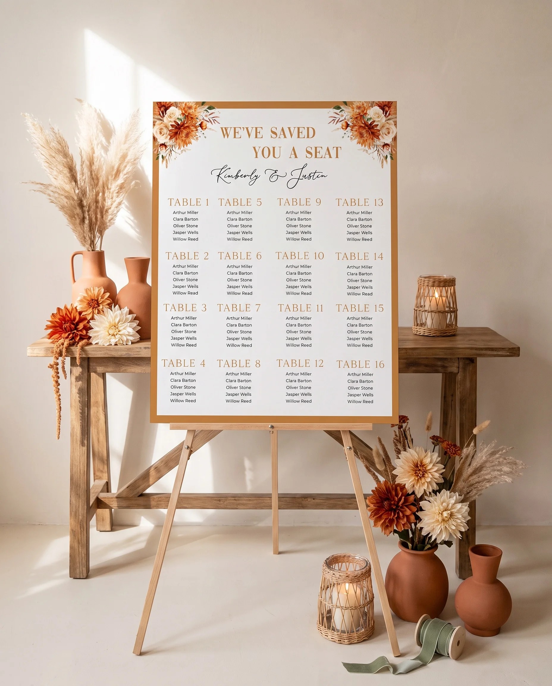 Marigold wedding seating chart — shown beside furniture for scale under soft natural light, wedding seating chart template