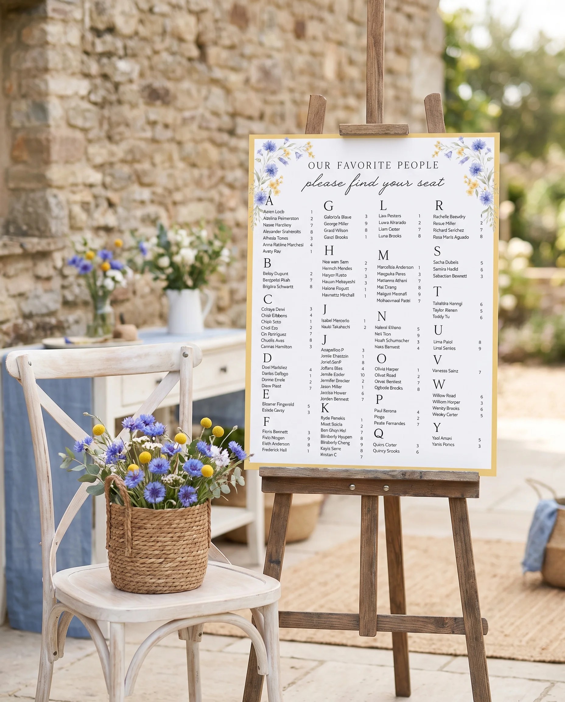 Cornflower wedding seating chart — shown beside furniture for scale under soft natural light, wedding seating chart template