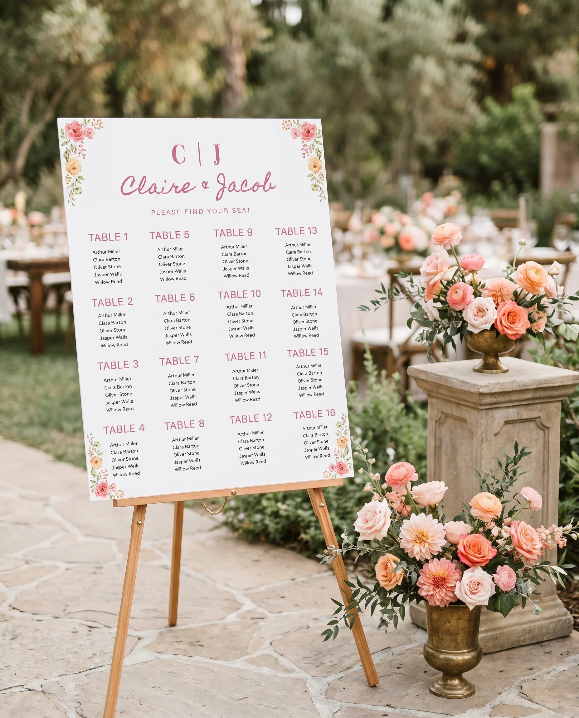 Blush Garland wedding seating chart — displayed at a reception entrance under soft natural light, seating chart template.