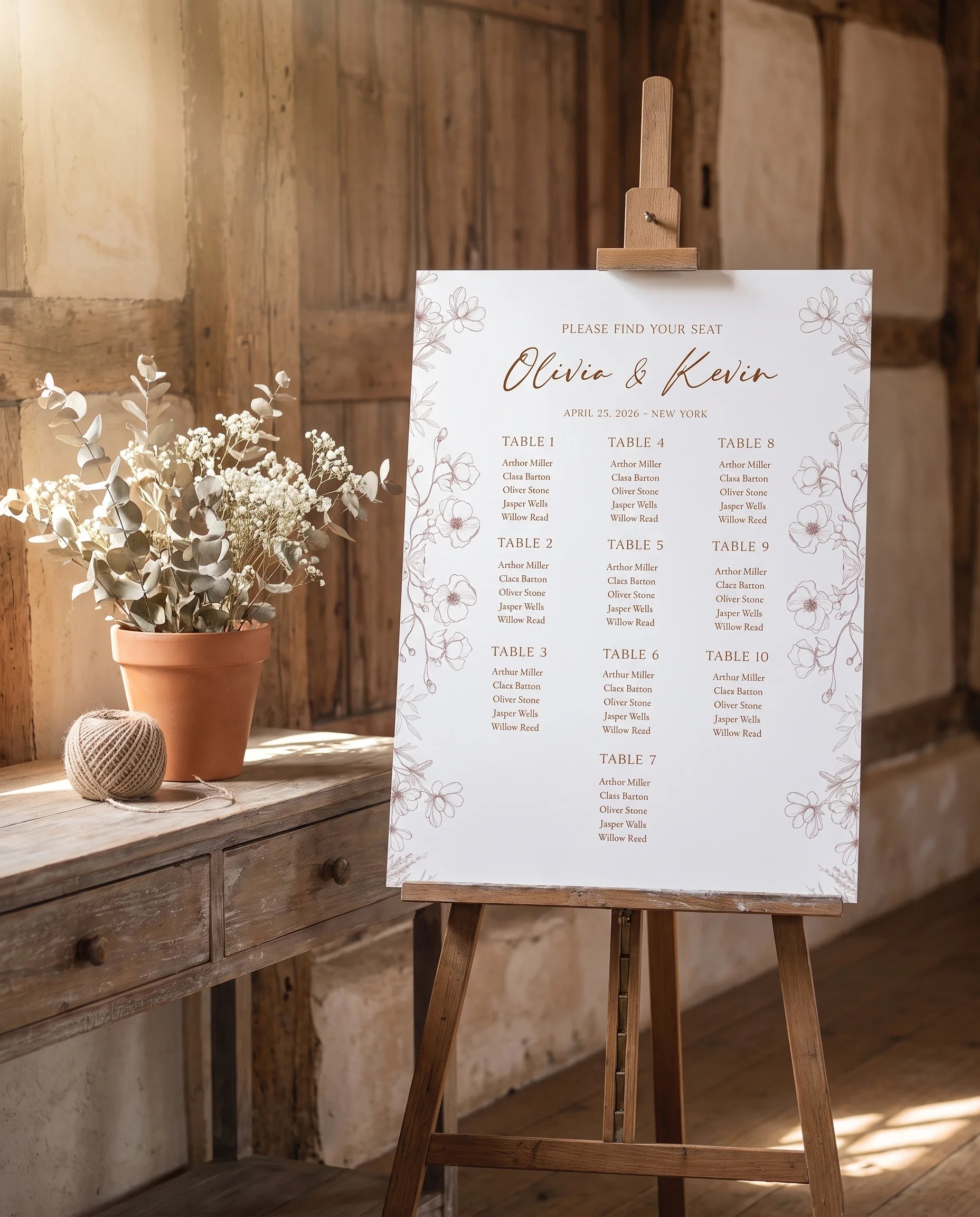 Arrow Bloom wedding seating chart — shown beside furniture for scale under soft natural light with a slight overhead angle, wedding seating chart template