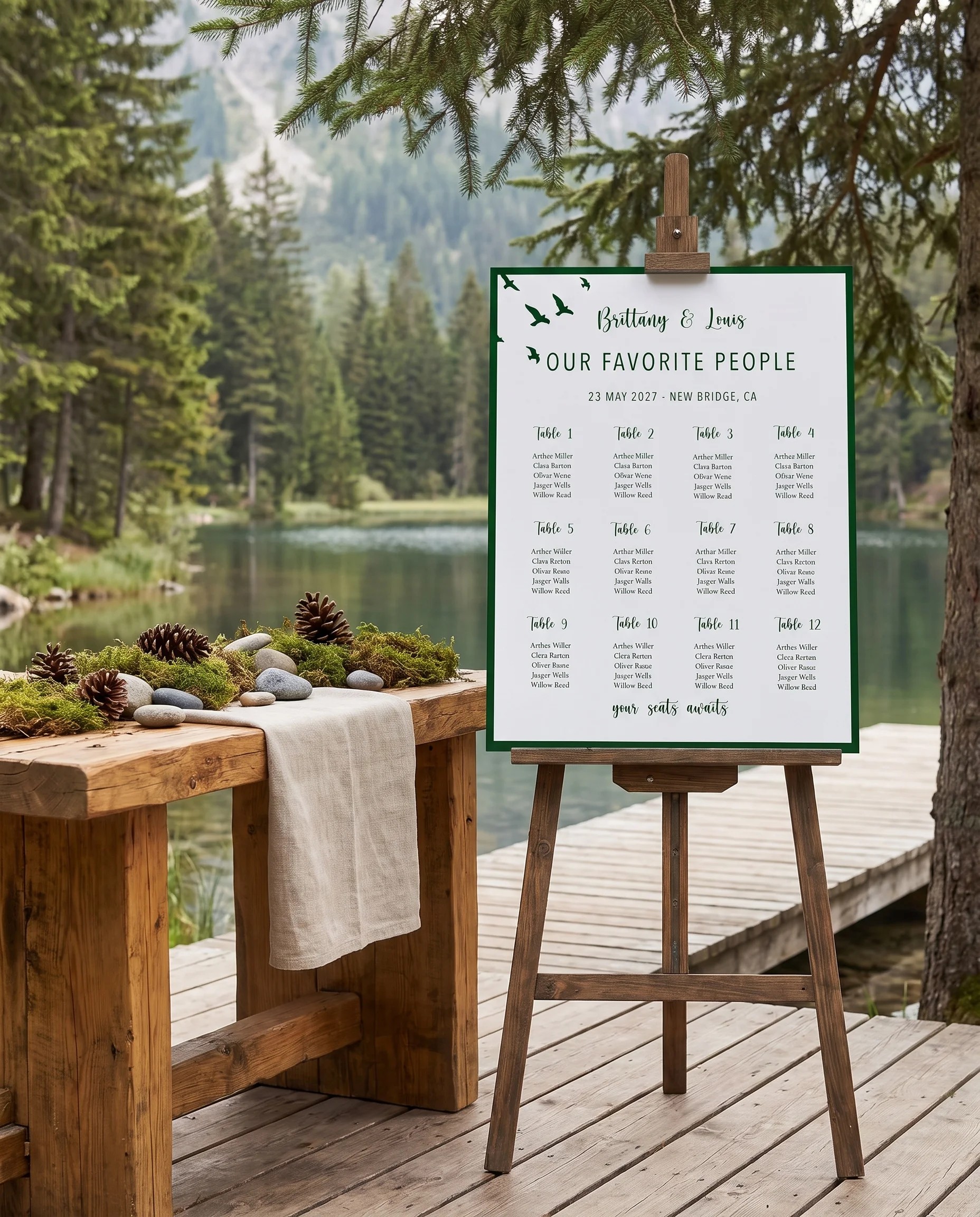 Evergreen Star wedding seating chart — shown beside furniture for scale under soft natural light, wedding seating chart template