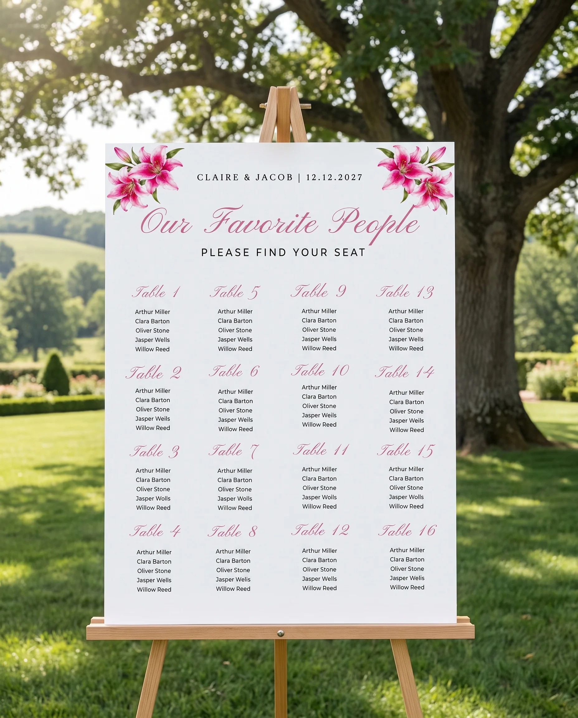 Lily Bloom wedding seating chart — displayed on an easel under soft natural light at a slight overhead angle, wedding seating chart.