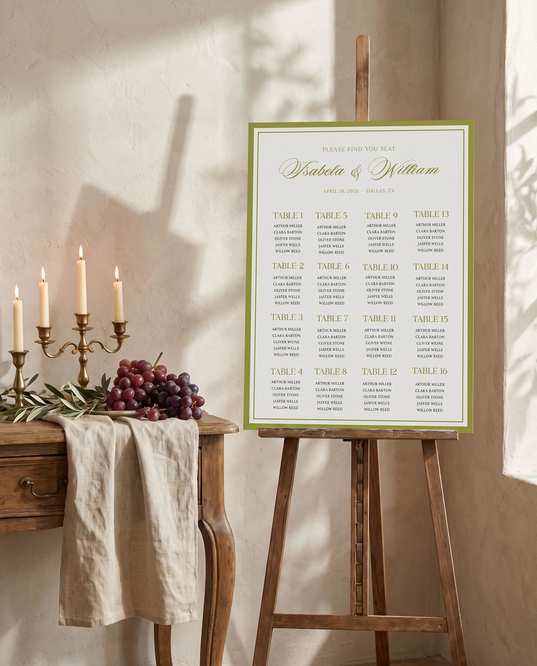 Olive Baroque wedding seating chart — single page shown beside furniture for scale under soft natural light, wedding seating chart template