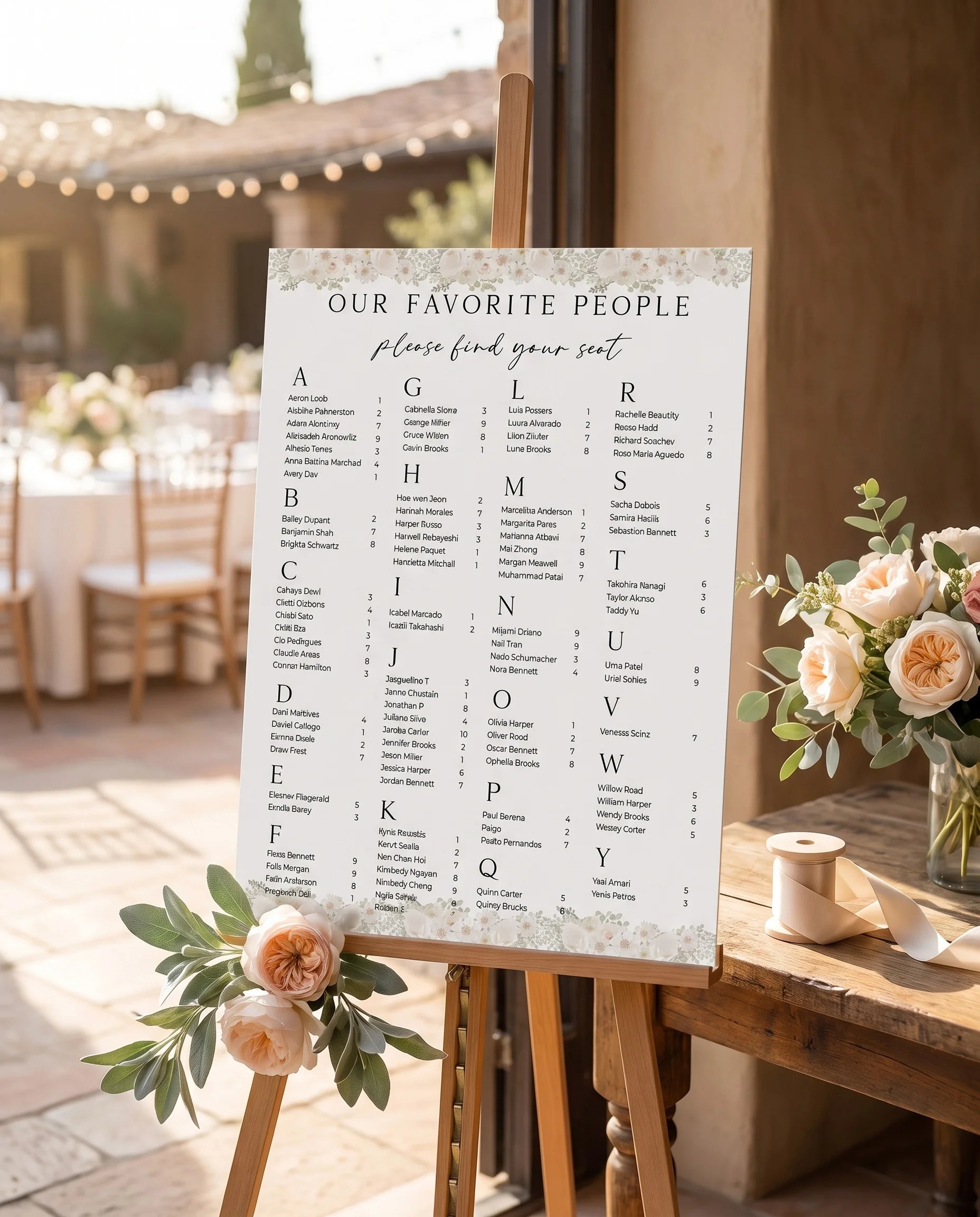 Seraphine wedding seating chart — single page shown at a reception entrance under soft natural light, seating chart template