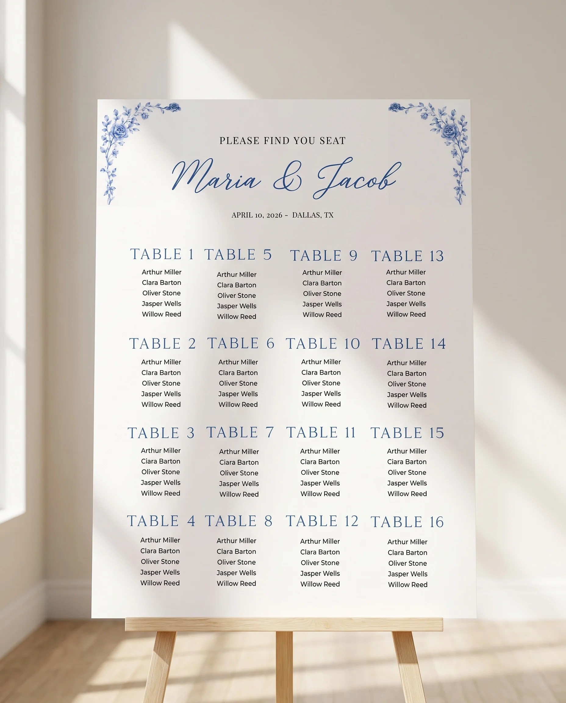 Blue Heron wedding seating chart — single page displayed on an easel under soft natural light, premium editorial wedding seating chart