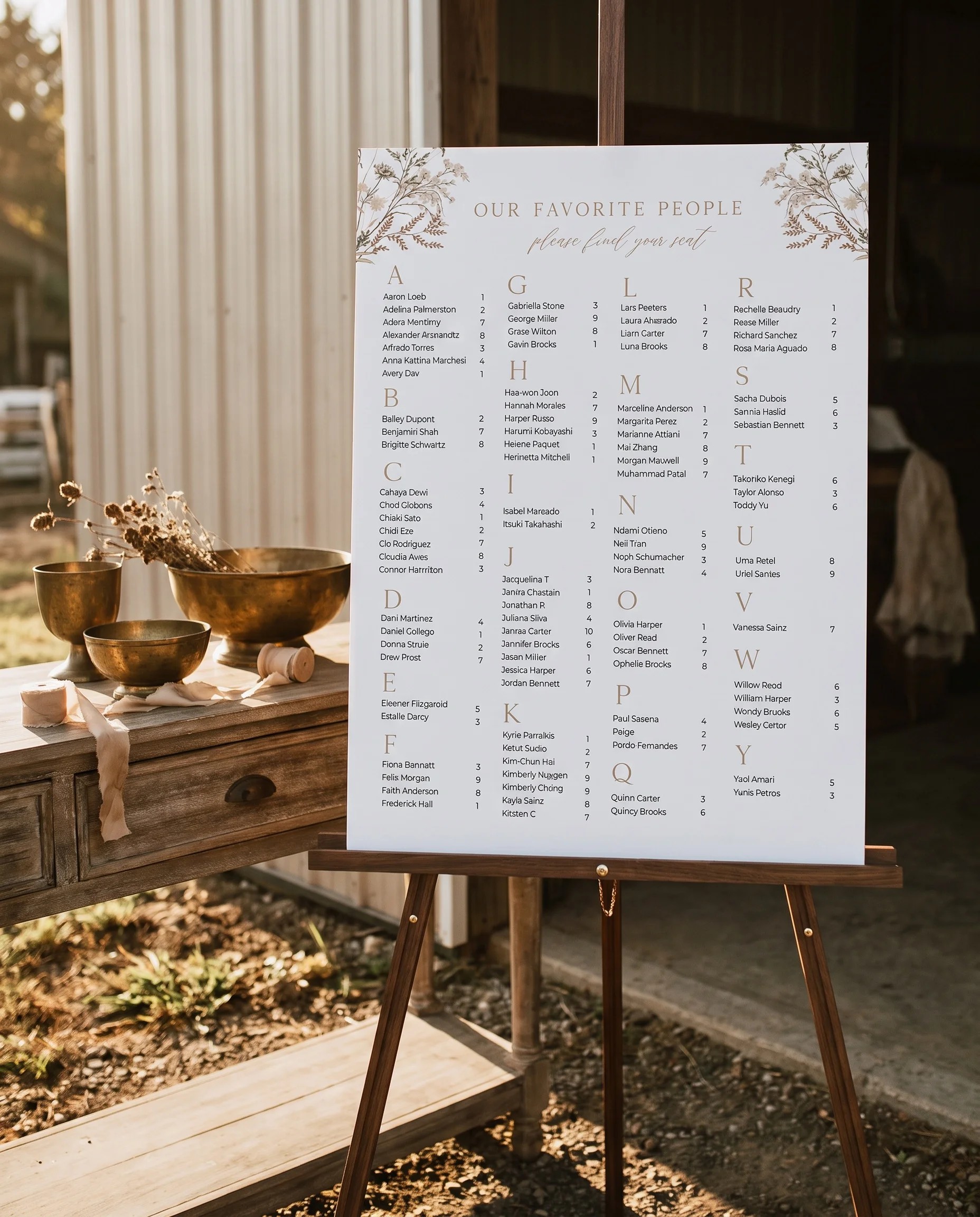 Bramble Court wedding seating chart — shown beside furniture for scale under soft natural light, wedding seating chart template