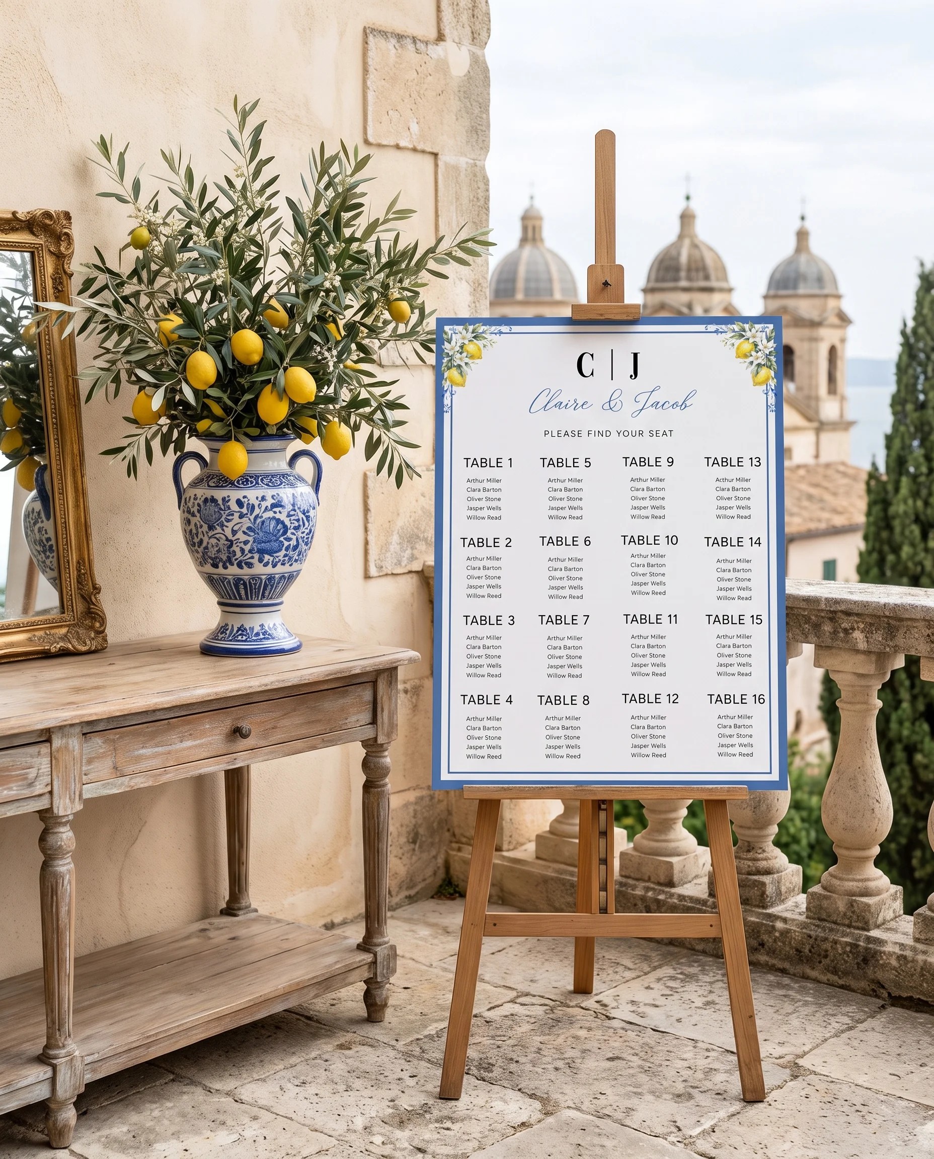 Amalfi Grove wedding seating chart — single page shown beside furniture for scale under soft natural light, wedding seating chart template