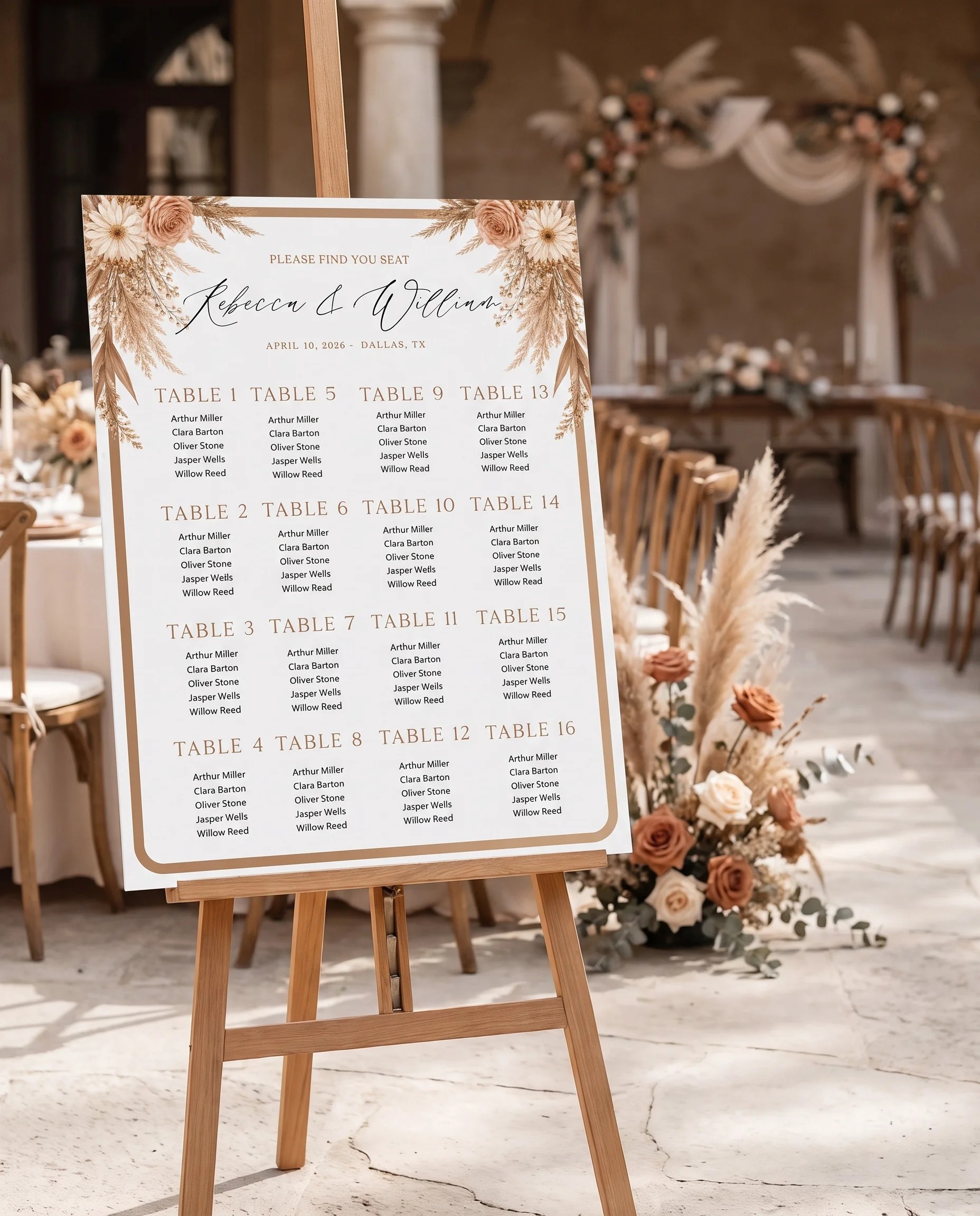 Pampas Hush wedding seating chart — single page displayed near a reception entrance under soft natural light, seating chart template