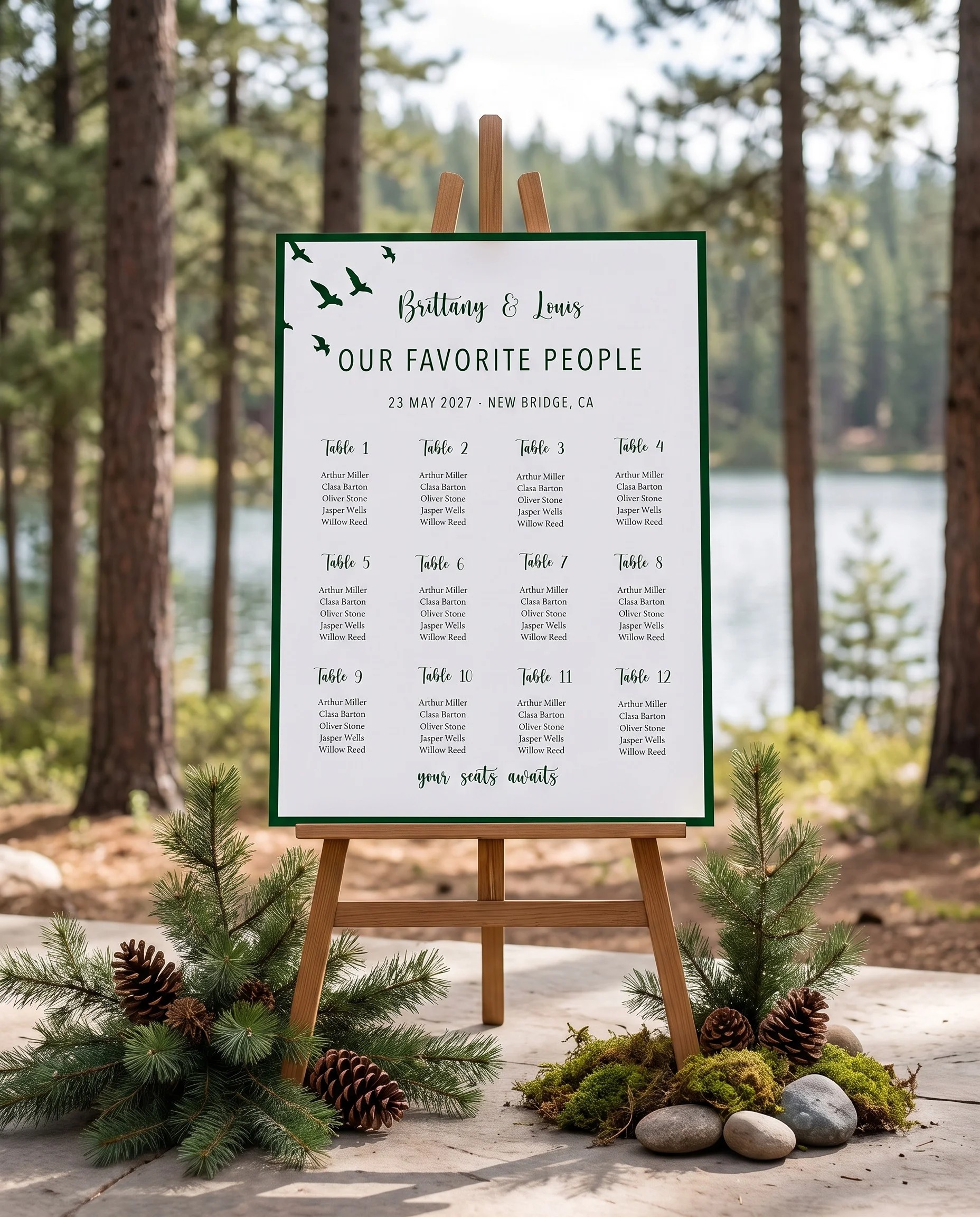 Evergreen Star wedding seating chart — single page displayed at a reception entrance under soft natural light, seating chart template