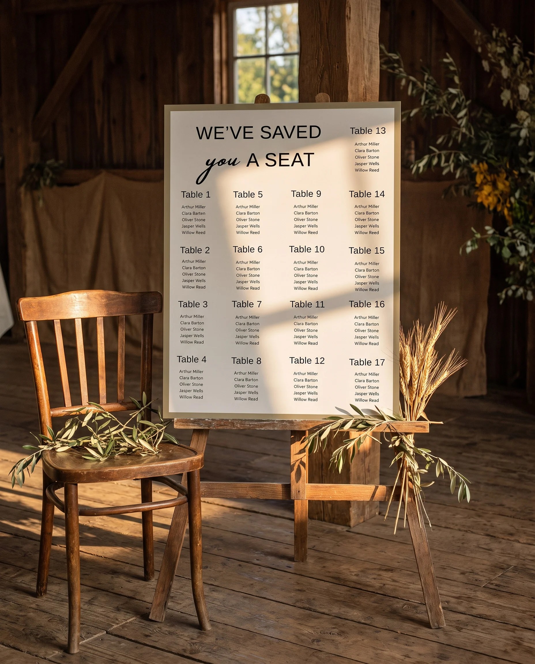 Golden Vale wedding seating chart — displayed beside furniture for scale under soft natural light, wedding seating chart template