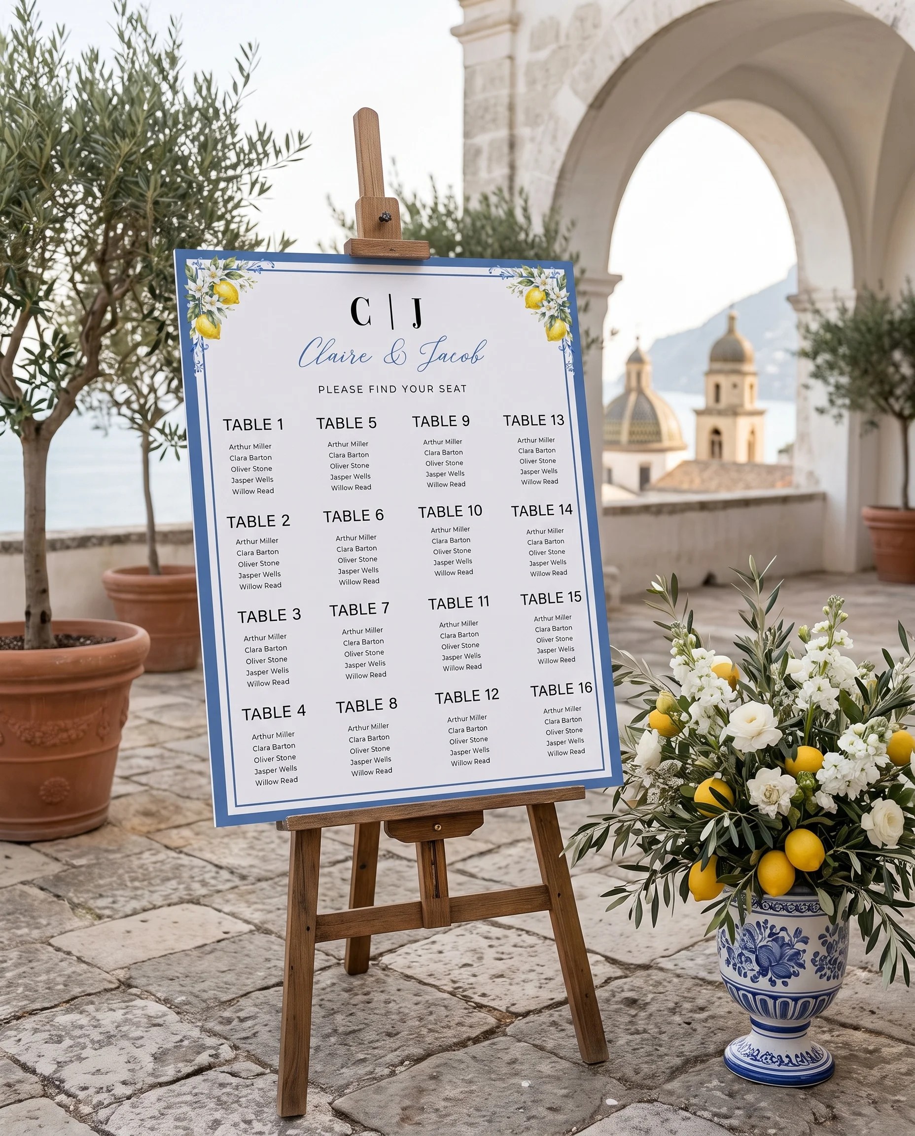 Amalfi Grove wedding seating chart — displayed at a reception entrance under soft natural light, seating chart template.