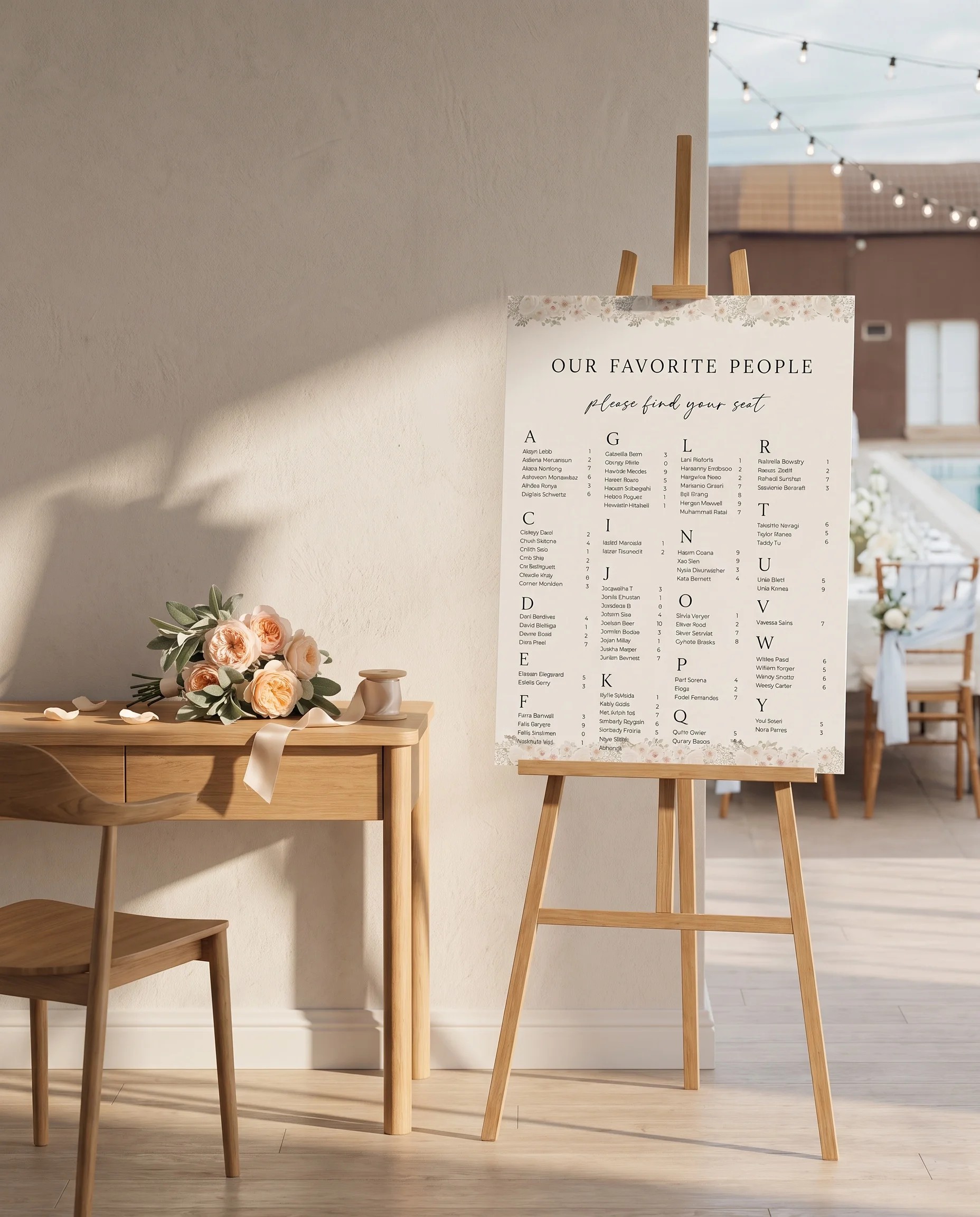 Seraphine wedding seating chart — shown beside furniture for scale under soft natural light, wedding seating chart template