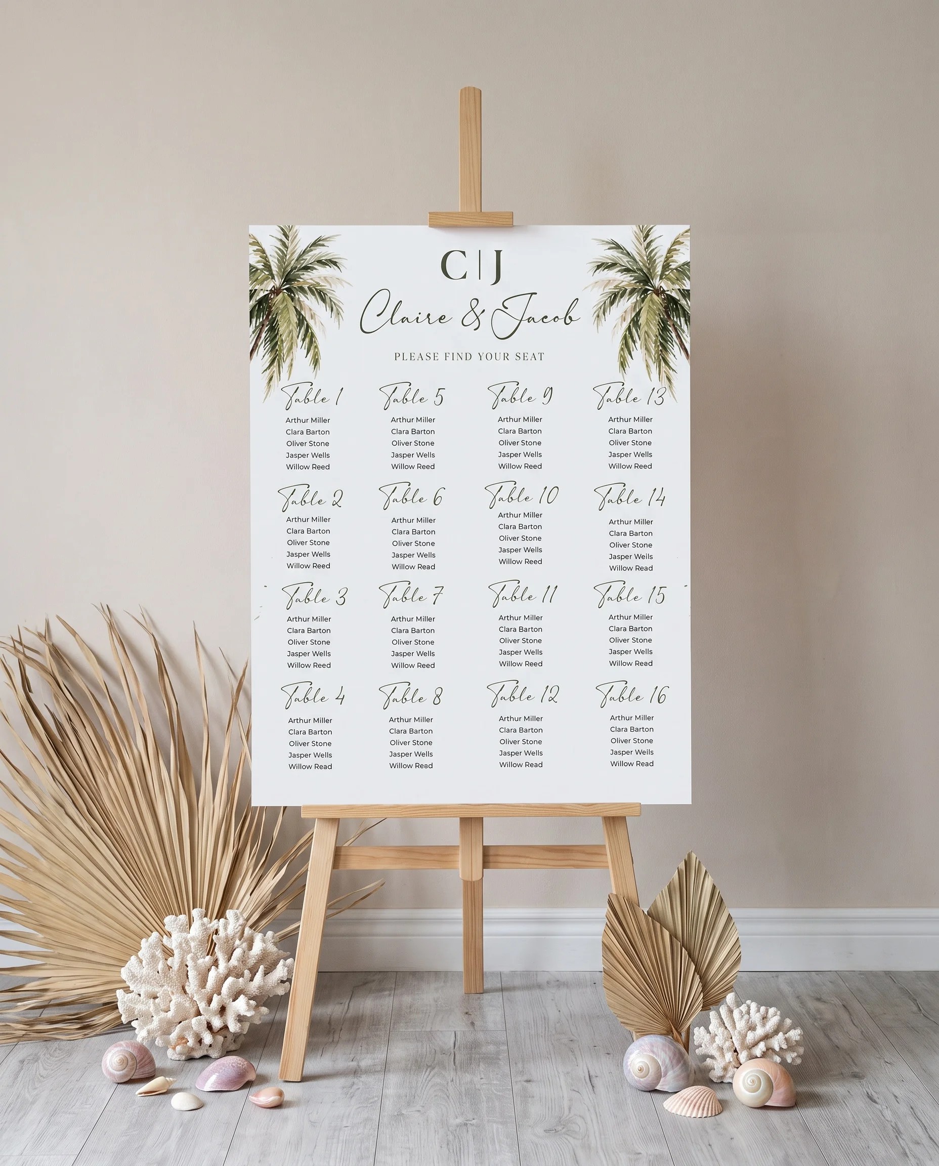 Palmetto Shore wedding seating chart — displayed on an easel under soft natural light with a slight overhead angle, wedding seating chart.