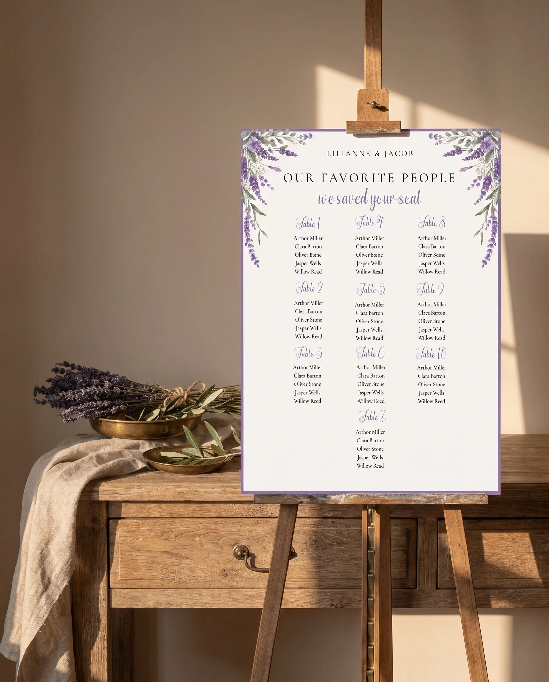 Provence Fields wedding seating chart — single page shown beside furniture for scale under soft natural light, wedding seating chart template.